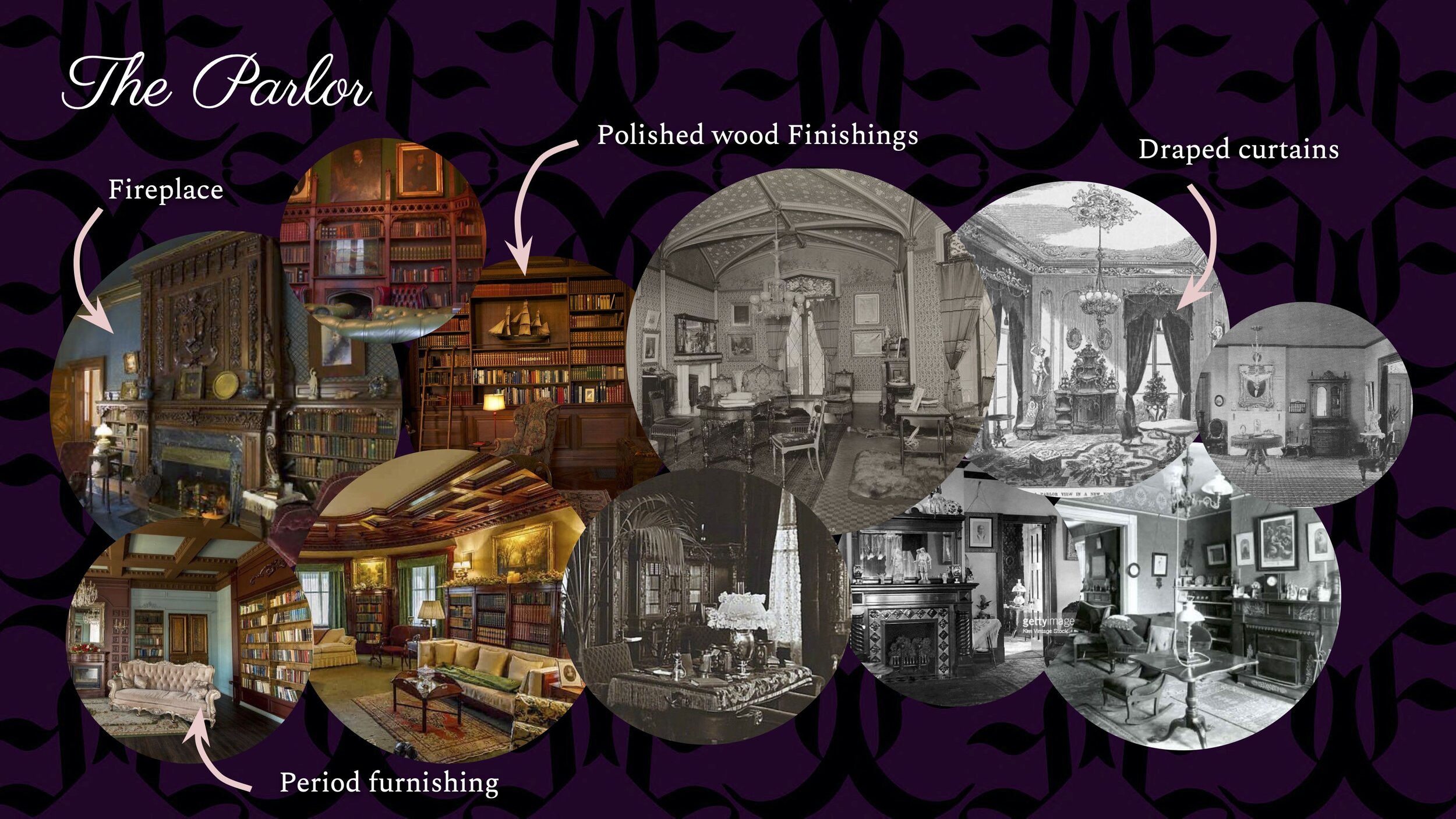 Focusing on inspiration from the more informal living spaces of the time. Furnishings are based on period pieces, with a mismatch of styling seen throughout. Bay windows face only the front of the outer facade, with no others beside, as the room is
