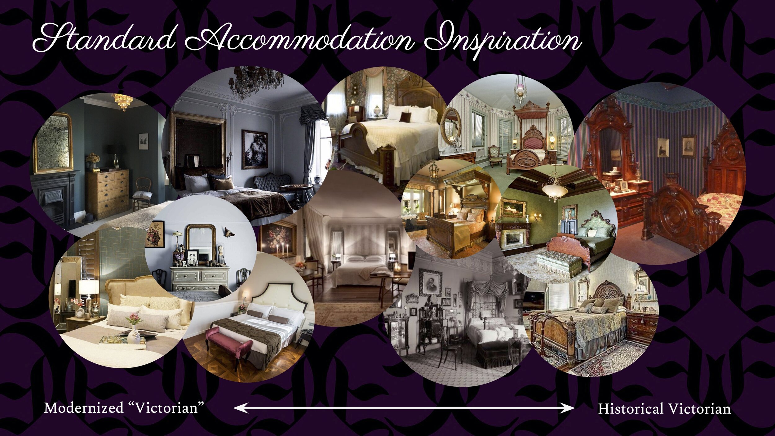To achieve this balance in the overall design of rooms, especially the standard level rooms, we look at this spectrum of historical Victorian design vs. the sort of modernized “Victorian” interior trends. On the historical end, rooms can feel heavy