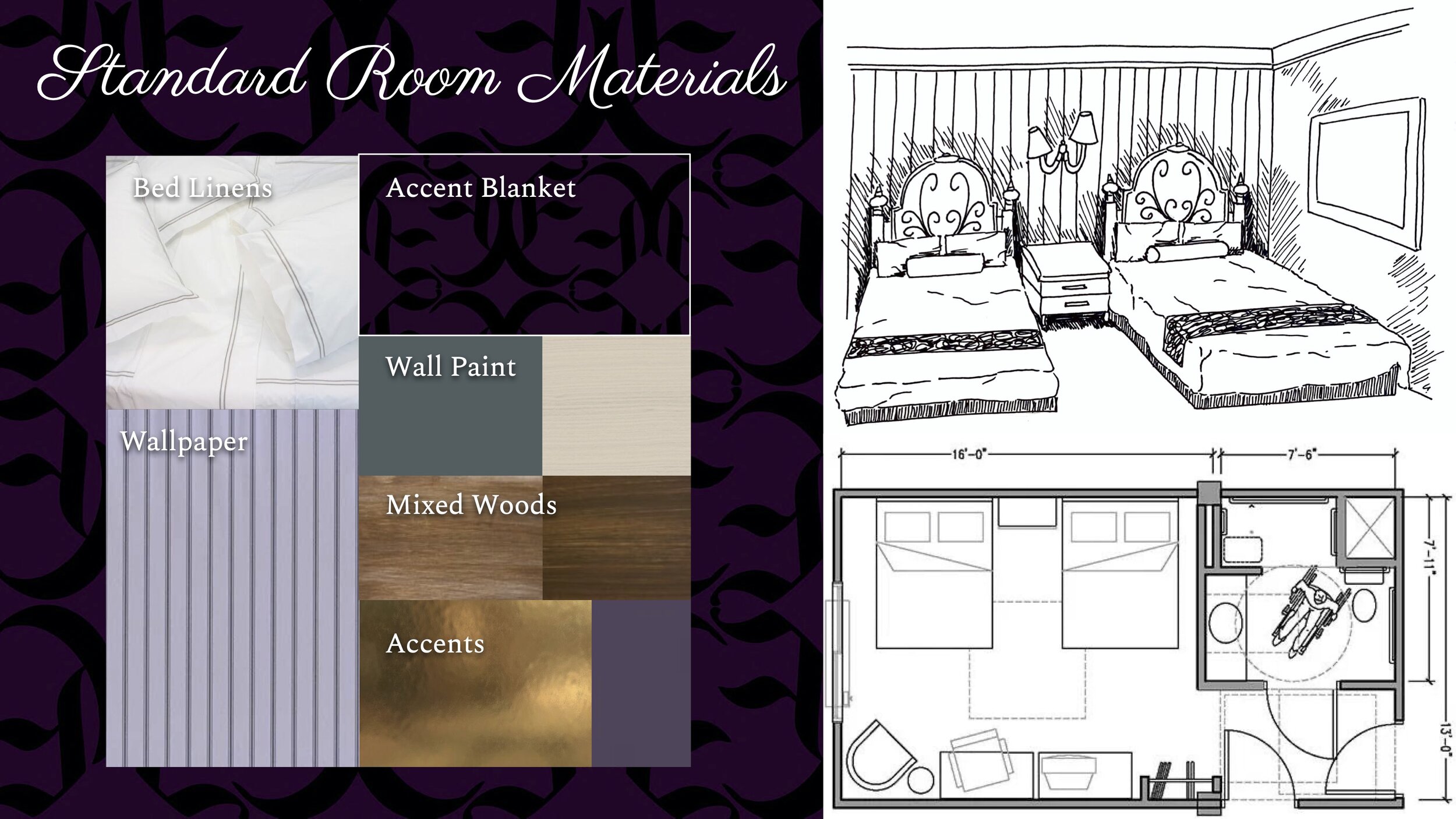 The materials used in the Guest rooms will reflect the luxury of the hotel as well as its Victorian theming. The bedding is rich white linens with the accent blanket that matches the purple Estate themed pattern. On the main wall, behind the beds, i