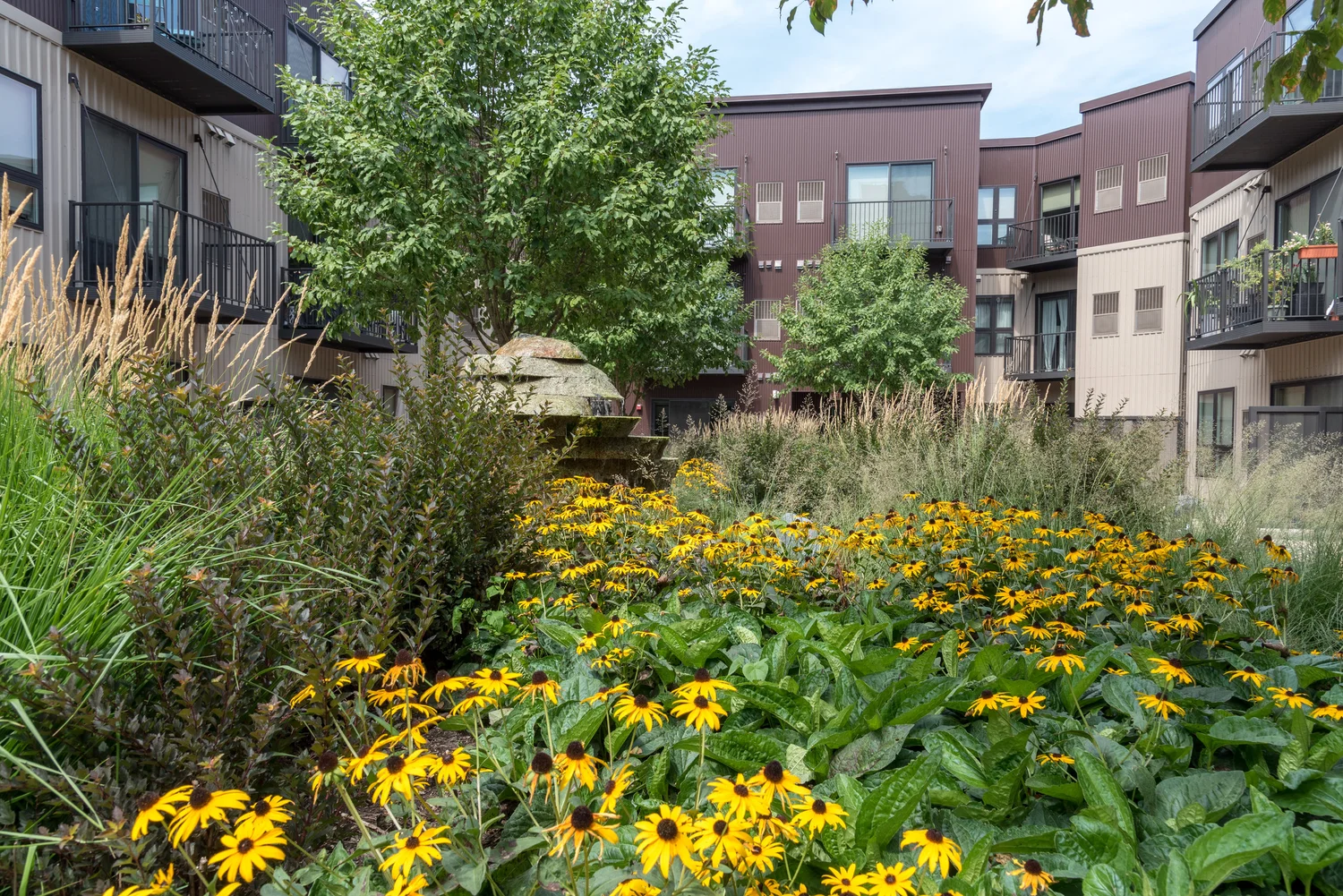 222 Hennepin Minneapolis MN. Challenging and unique - the maintenance needs in Minneapolis-St. Paul urban environments are an Urban Land Care specialty. This is one of two courtyards on the fourth floor of the 222 Hennepin Building integrating gardens and a water feature resulting in this peaceful oasis in the heart of downtown Minneapolis.