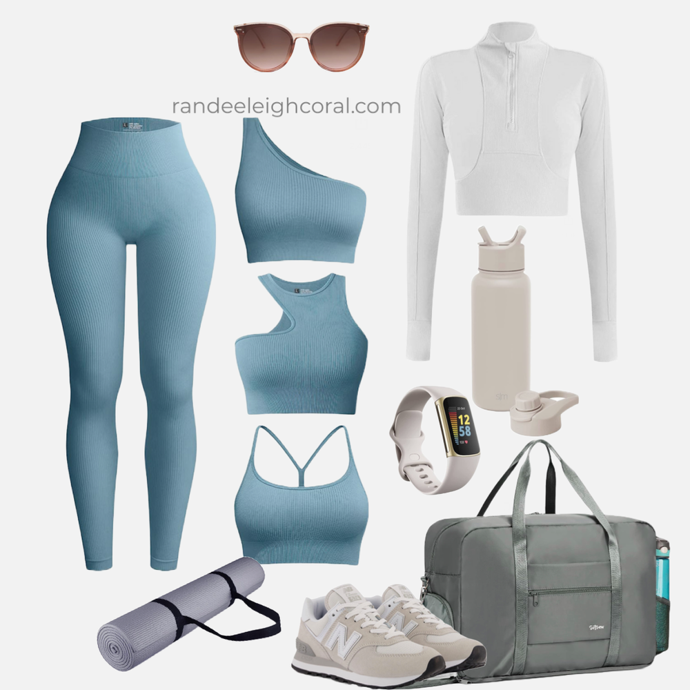 Light blue, beige, gray gym fit inspo 