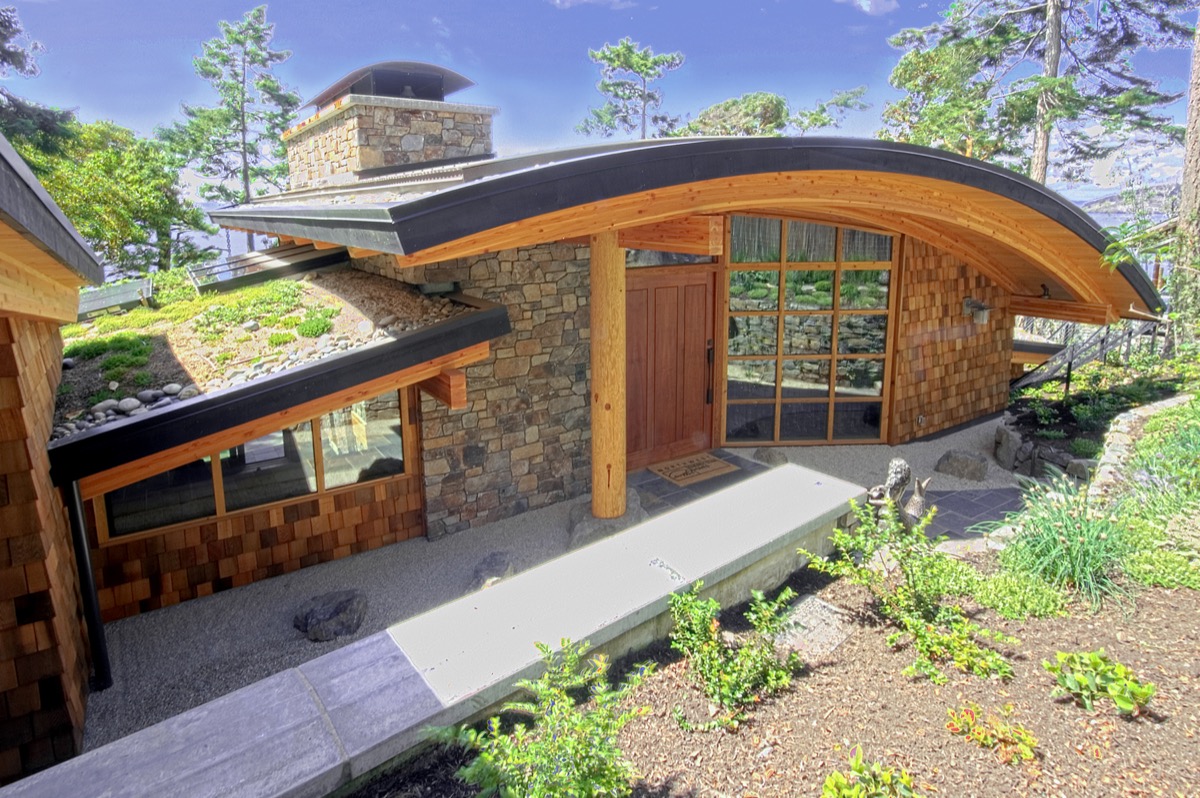 The home has a green roof and a dramatic design.