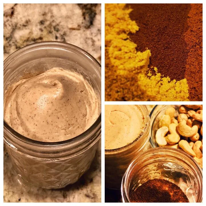 Cashew butter with chai spices in serving container.