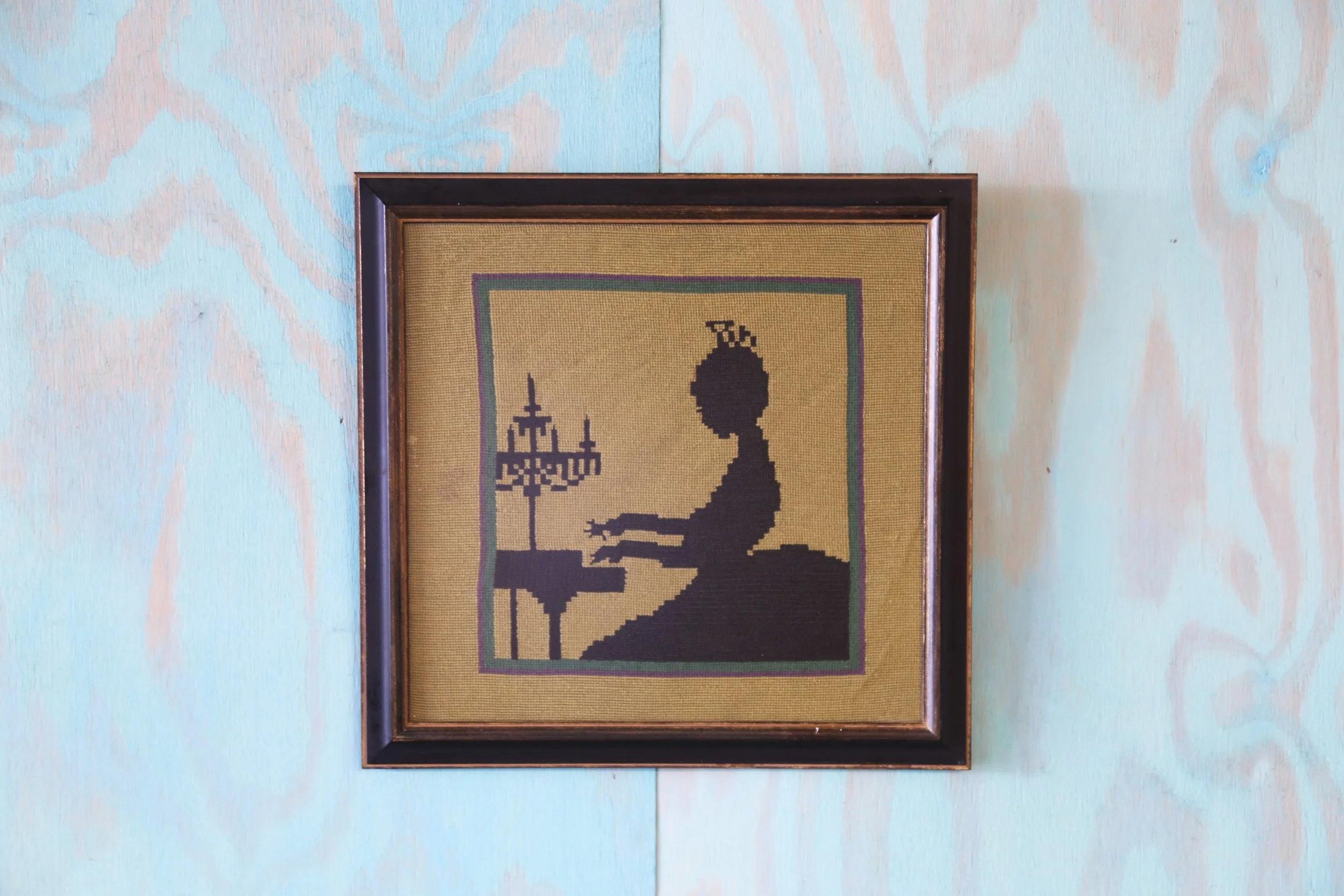 1950s Vintage Needlepoint Concert Pianist Piano Framed Art