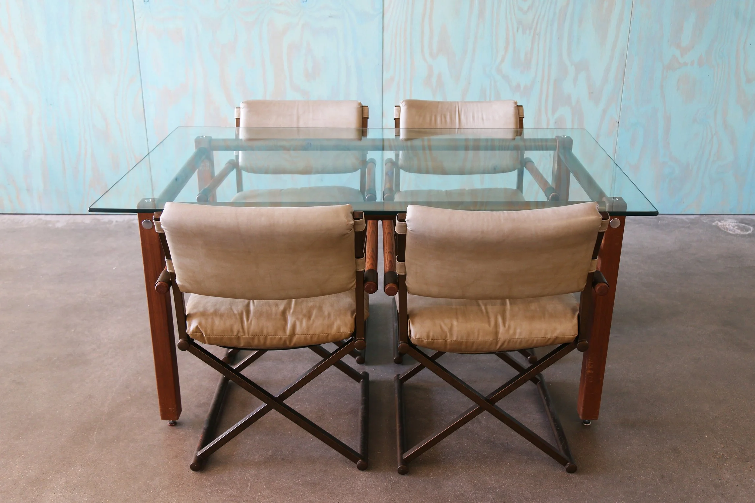 Vintage Dining Set After Cleo Baldon or Cal Style Table With Brass Director Chairs