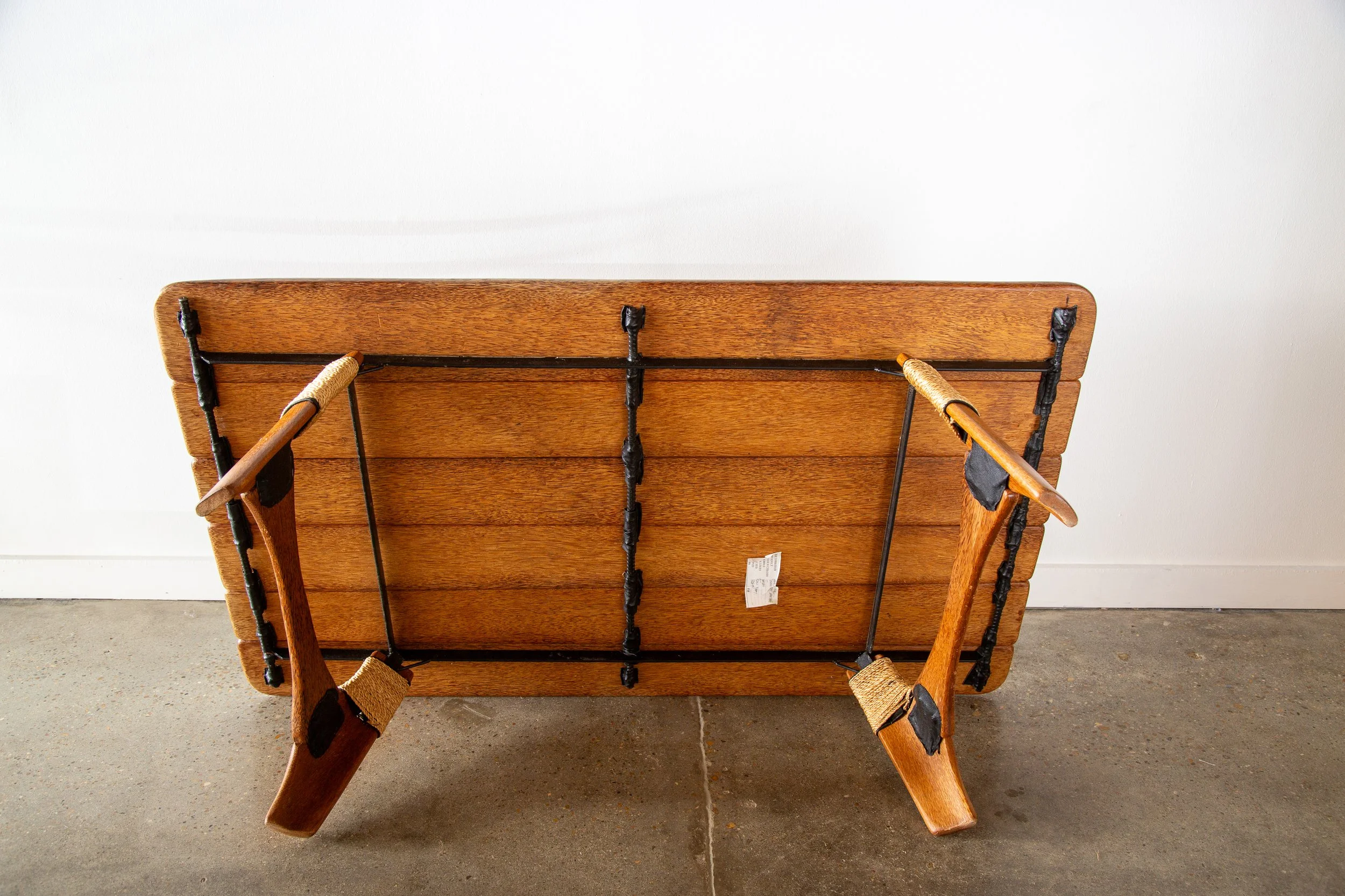 Pacific Green Navajo Coffee Table Palmwood Iron and Leather c. 2000s