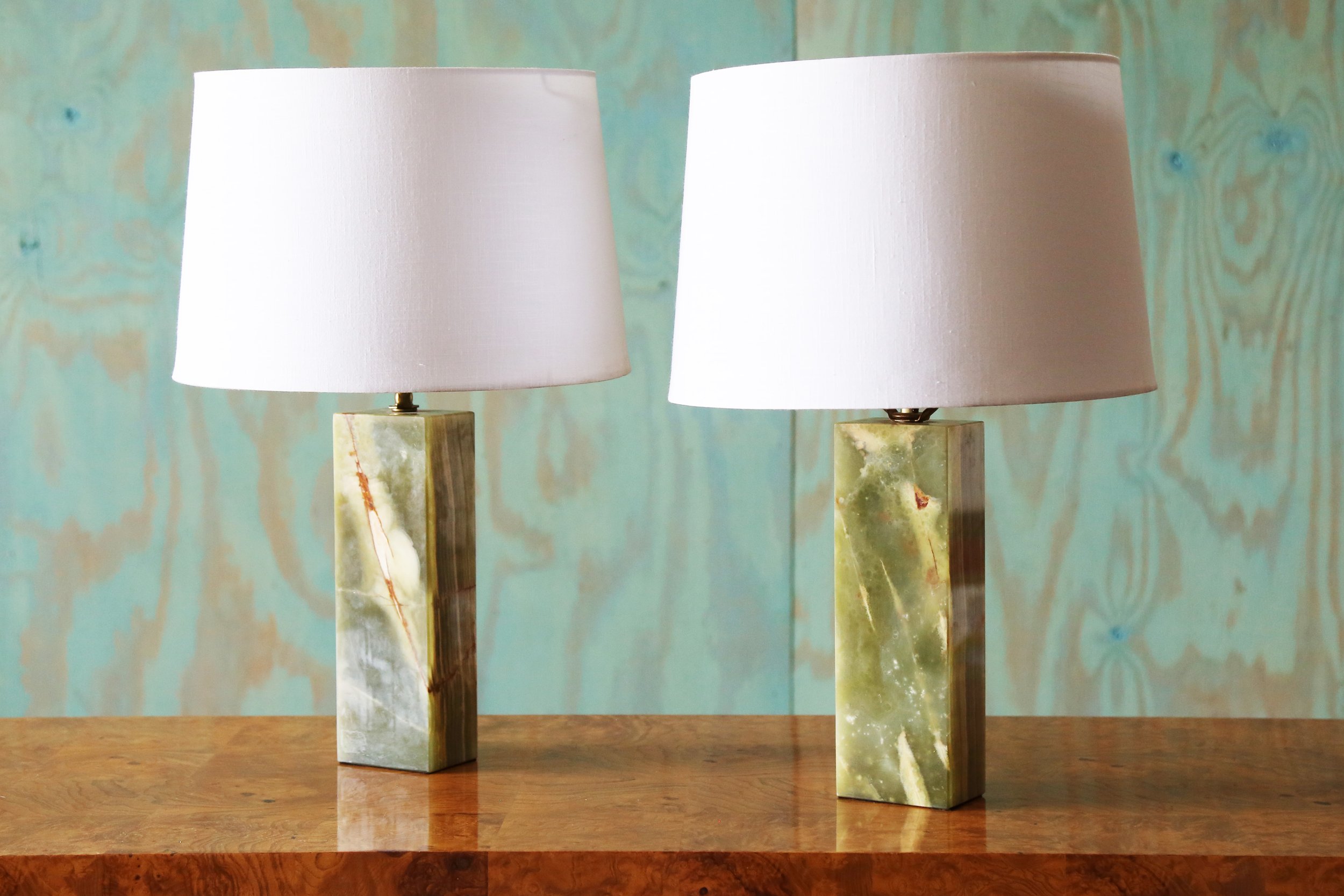 Vintage Green Onyx Slab Lamps a pair.