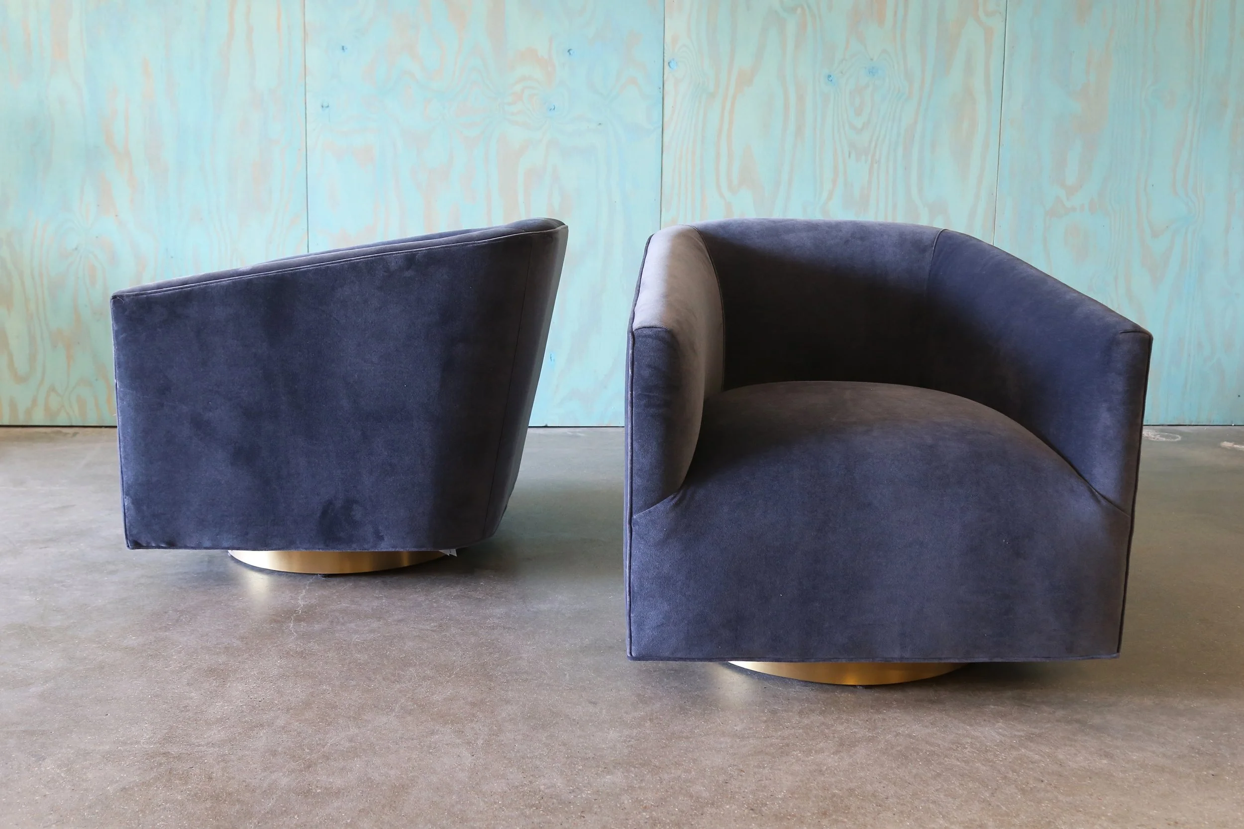 Pair of Restoration Hardware Blue Italian Shelter Luxe Arm Swivel Chairs