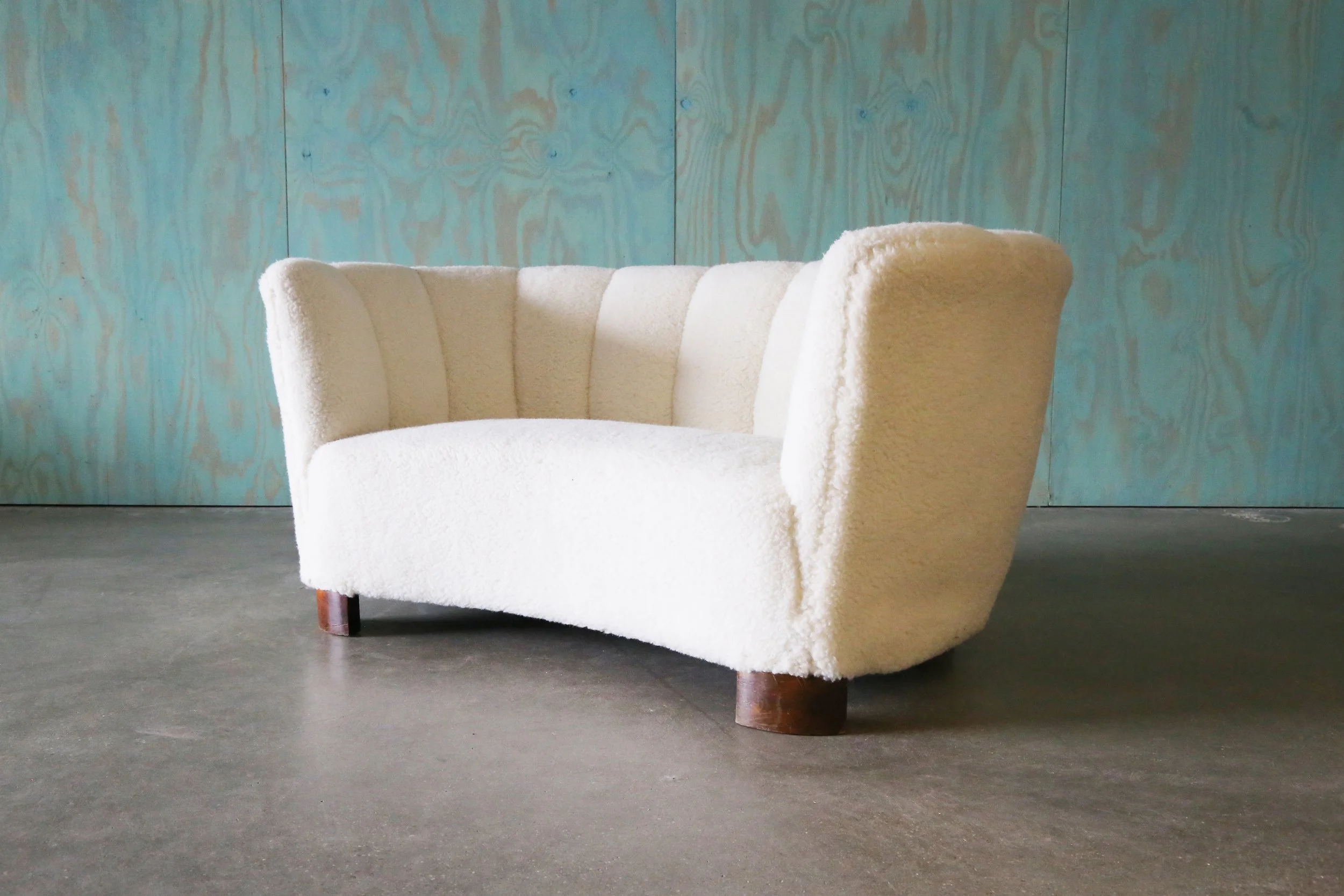 1940s Danish White Sheepswool Banana Sofa After Flemming Lassen