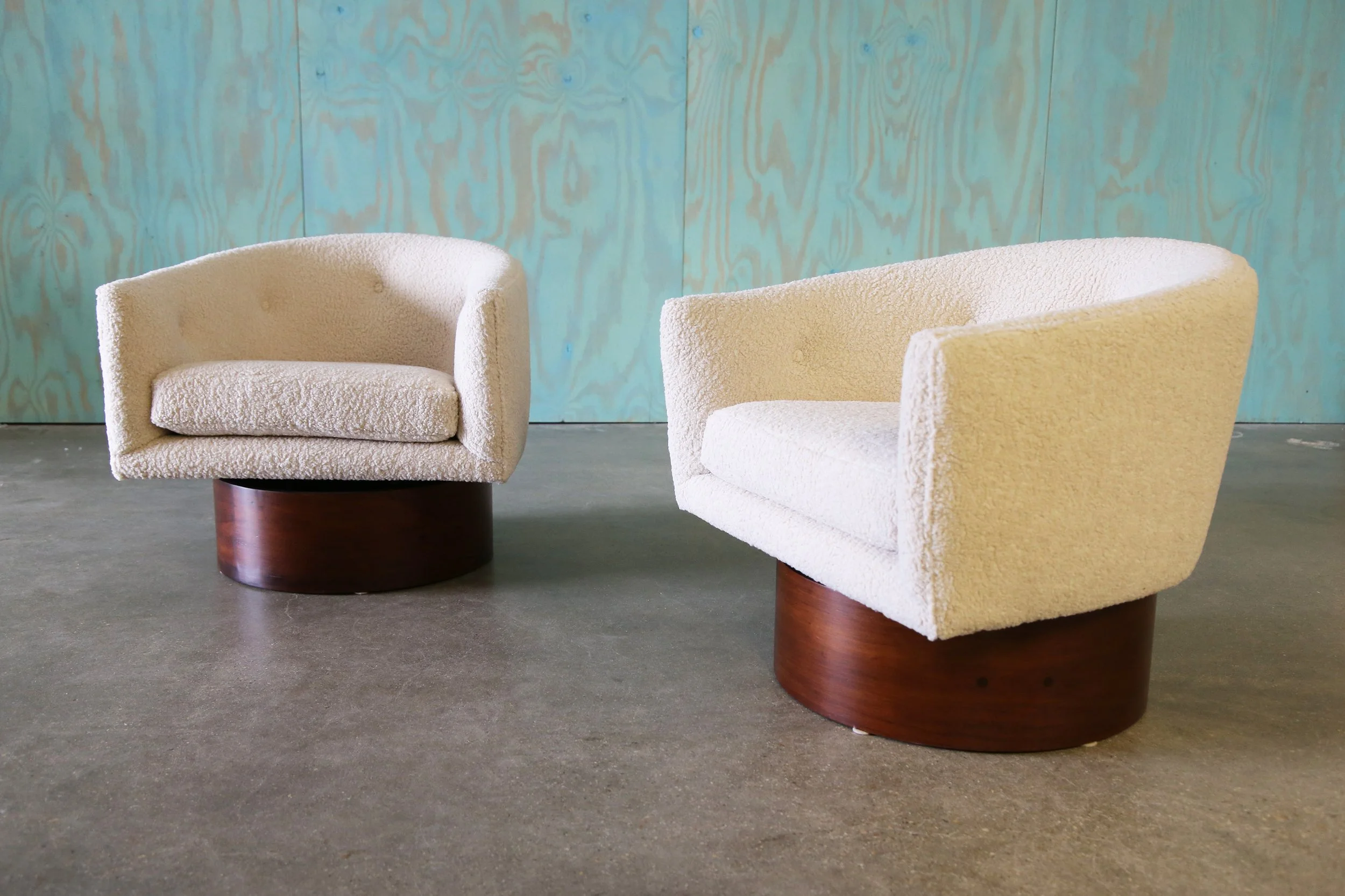 1960s Milo Baughman for Thayer Coggin Rosewood and Heavy Boucle Swivel Chairs