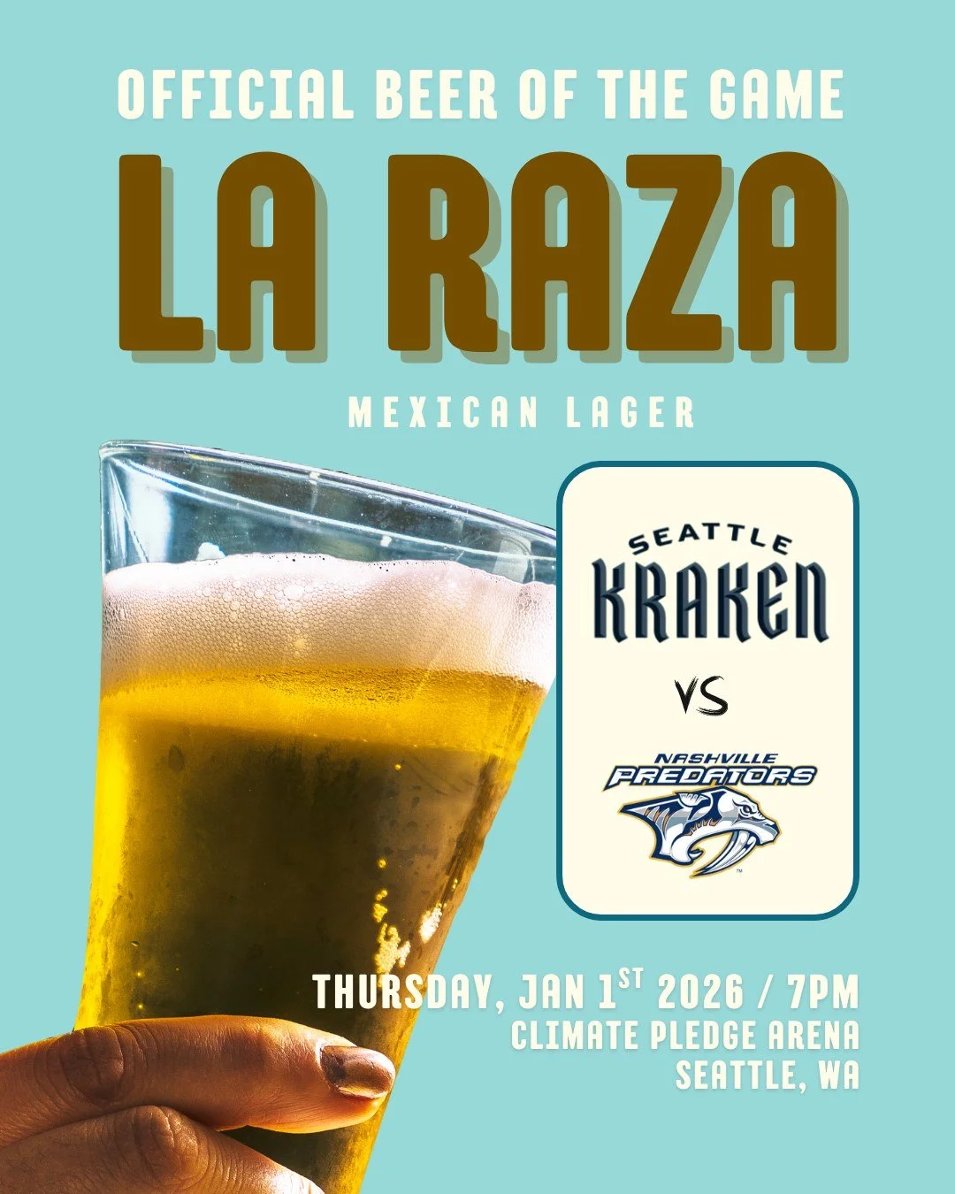 Exciting news! Our very own La Raza Mexican Lager has been named the official "Beer of the Game" for the first matchup to kick off the New Year at the Climate Pledge Arena! 

Catch the Seattle Kraken as they take on the Nashville Predators 