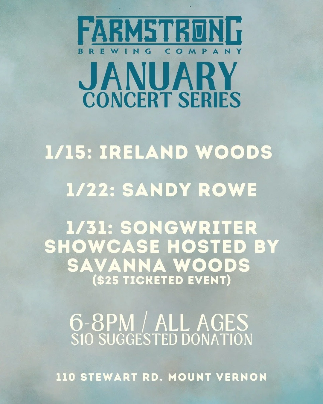 It's a new year, and a new month of great music in our cozy taproom! 🎶

Ireland Woods will kick us off on Thursday the 15th, followed by Sandy Rowe on Thursday the 22nd. Saturday the 31st will be our Songwriter Showcase, an incredible night of origi