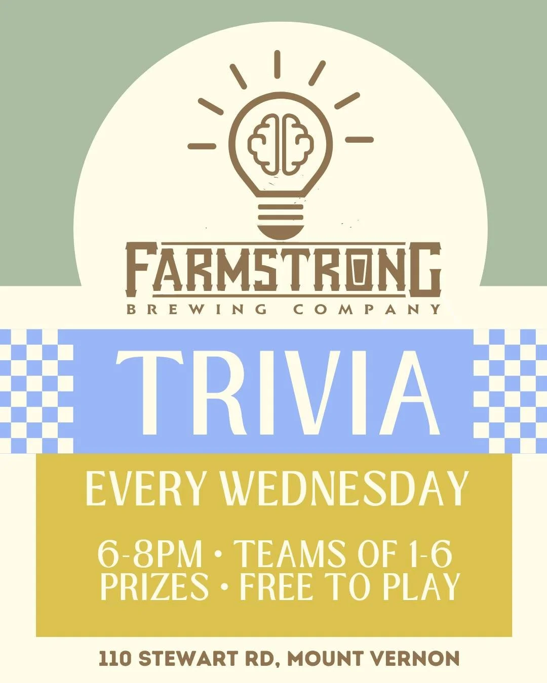 Join us TONIGHT for our weekly Trivia Night starting at 6pm! 🧠✨

Each Wednesday we have a rotating host to test your knowledge on random trivia! Grab your friends and get here early to snag a table and a bite to eat from Rooted Kitchen. See you soon