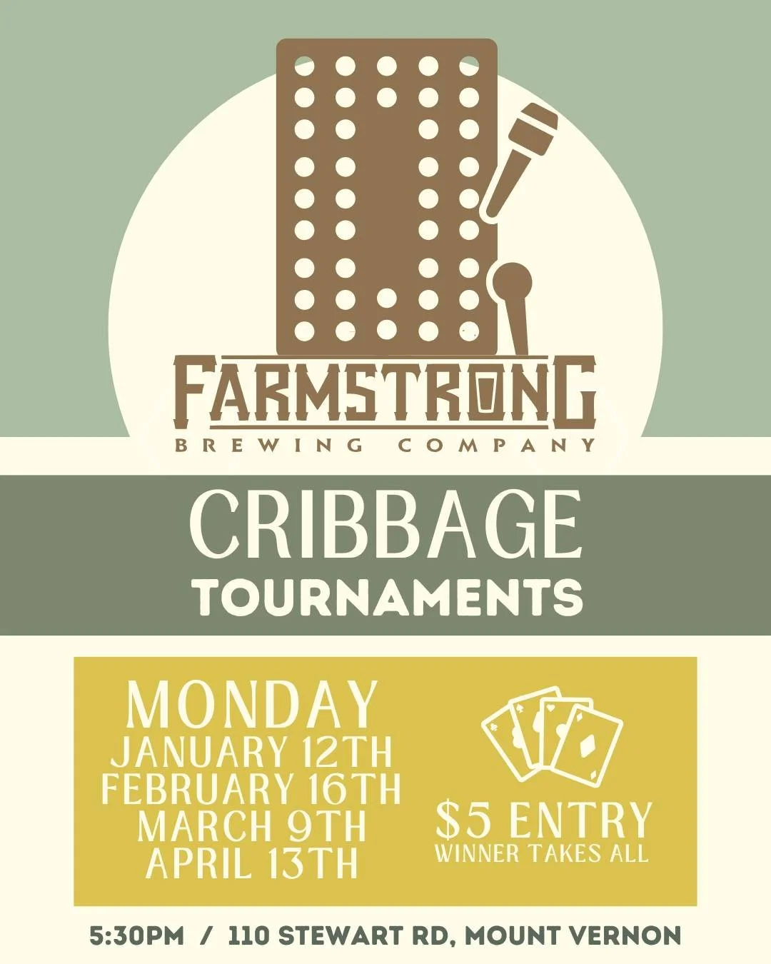 Each month we hold a cribbage tournament in our taproom! Cribbage tourney dates for the next few months are:

&bull; Monday January 12th
&bull; Monday February 16th
&bull; Monday March 9th
&bull; Monday April 13th

It's $5 to enter and begins at 5:30