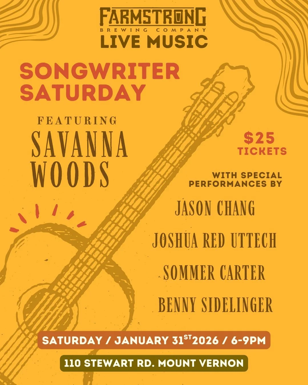 We are less than two weeks out from a musical evening you don't want to miss! 🎶

Join us in the taproom on Saturday the 31st for an intimate night of music from local songwriter Savanna Woods and guest performances from Jason Chang, Joshua Red Uttec