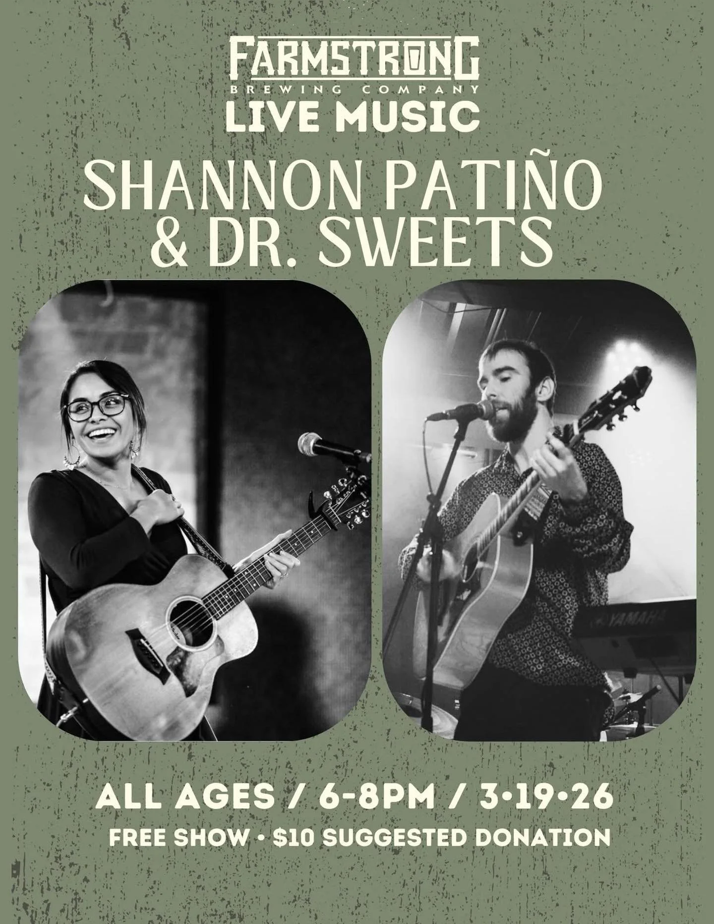 Join us for this duo&rsquo;s return to Farmstrong! Shannon Pati&ntilde;o and Dr. Sweets will be performing in our cozy taproom tomorrow evening, Thursday the 19th! 🎶

Shannon Pati&ntilde;o is a Mexican American singer-songwriter, writing about her p