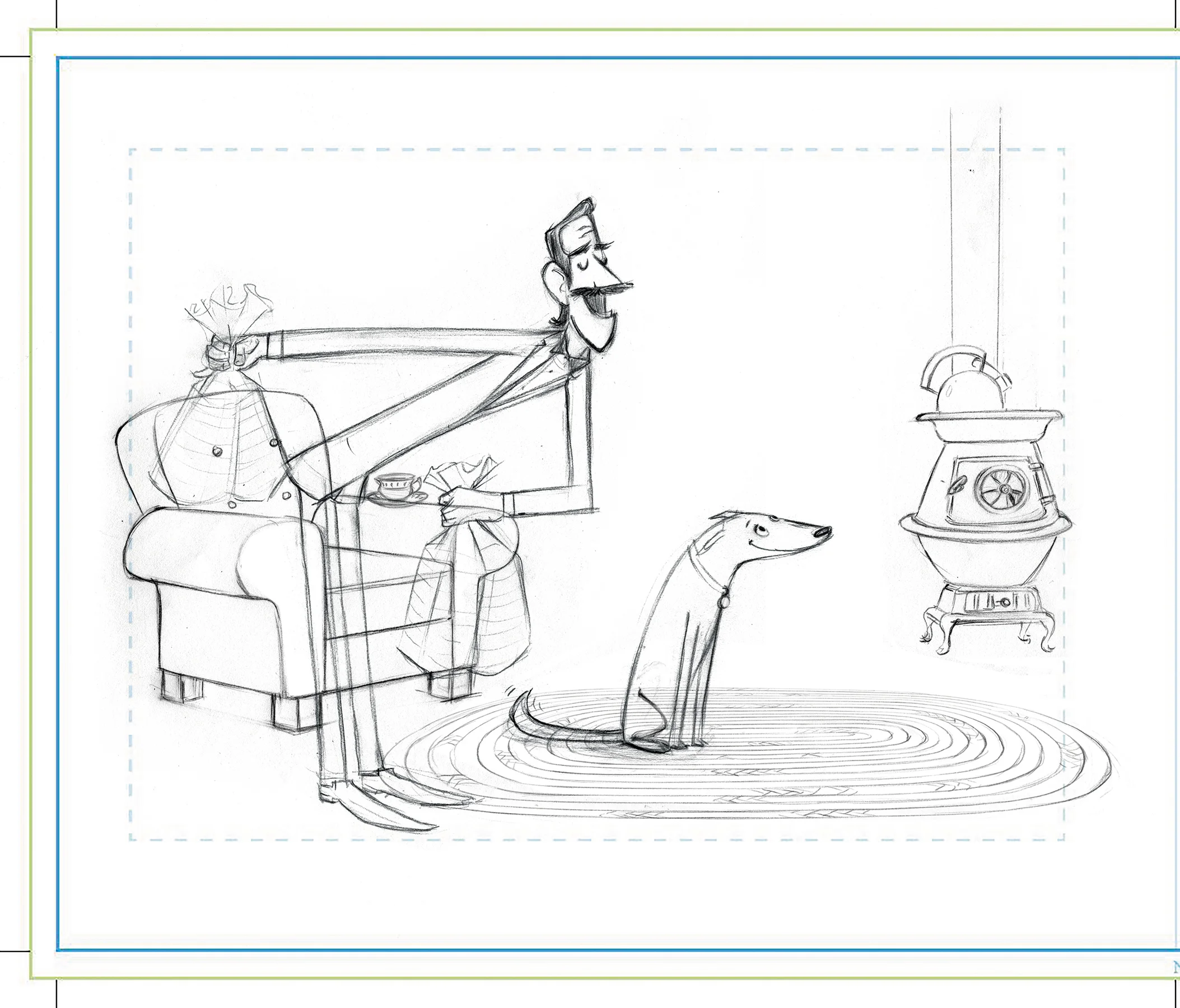 Next, I make the “final” line drawings. They are mostly drawn separately and layered on top of each other so that I can move things around until they look just right to me. (The rectangular lines around drawing are guides show the edge of the book and safe zones for text.)