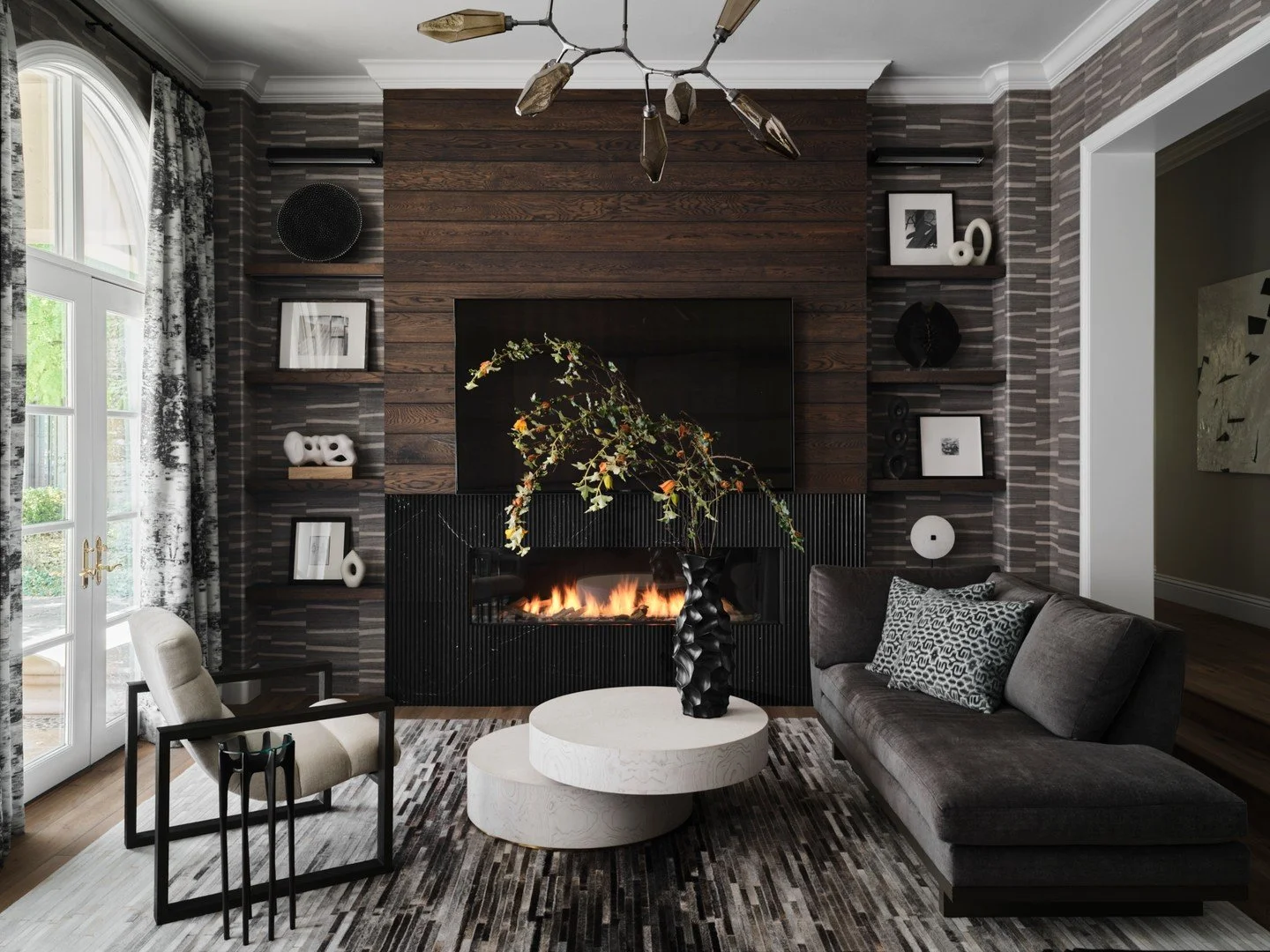 Striking and moody. The media + game room at our #WestRubyProject layers daring pattern, sculptural moments, and rich contrast to create a space that feels playful, elevated, and intentionally unexpected. #caseyhowardinteriordesign 
📸: @douglasfried