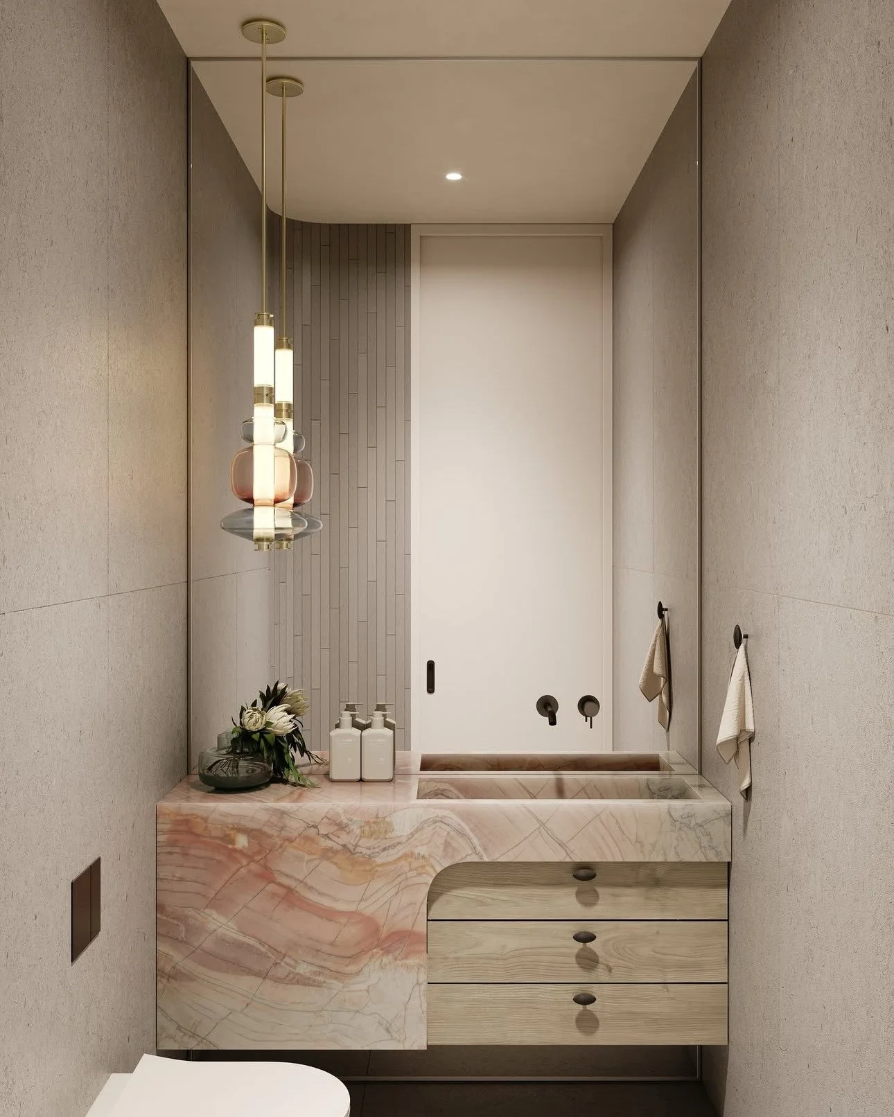A dialog between light and materiality... loving this combination of striated stone and organic wood for a thoughtful, balanced and elevated powder room. #originalby @madebyalasdesign #inspo via @gabrielscott