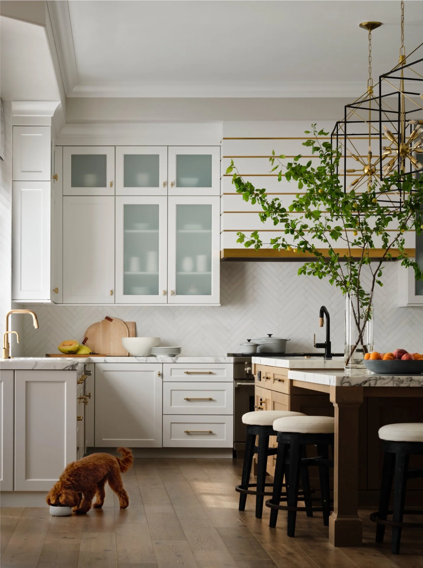 Creating a timeless, elevated kitchen requires a disciplined mix of materials and intention. At our #WestRubyProject, marble and European oak ground the space, a soft neutral palette establishes continuity, while antique brass introduces warmth &amp;