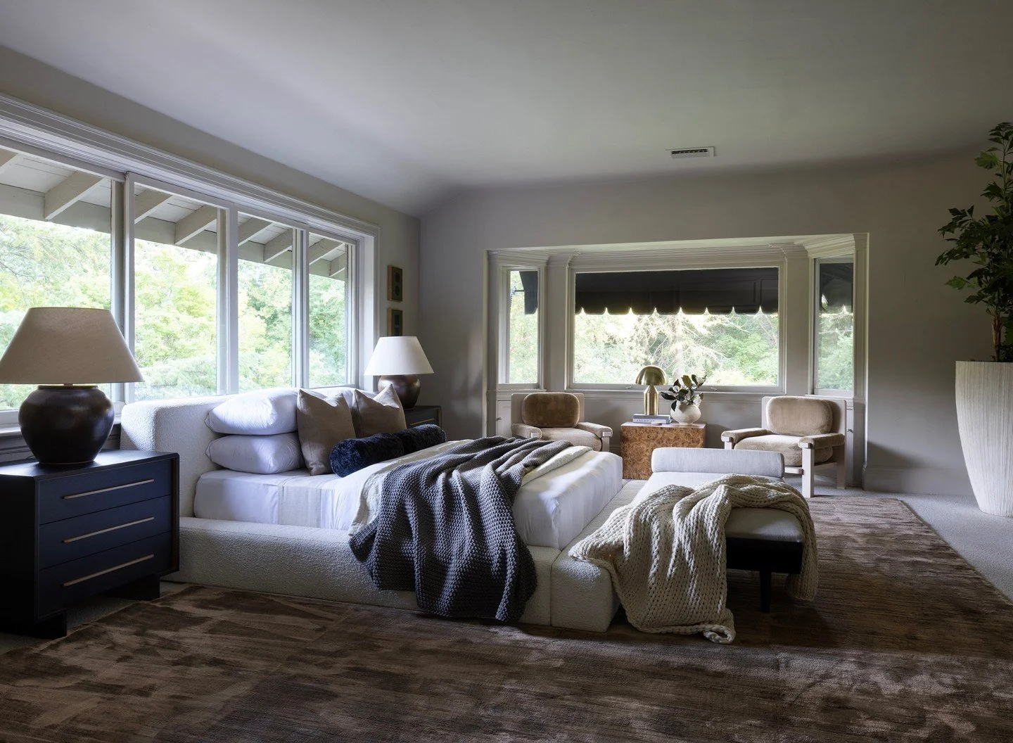 The primary suite is defined by rich textures and warm layering, creating a quietly moody, elevated retreat.

The Ball Estate, Alamo California
Luxury Staging &amp; Furnishings: @caseyhowardinteriordesign
In collaboration with Vesta Home @vesta
Real 