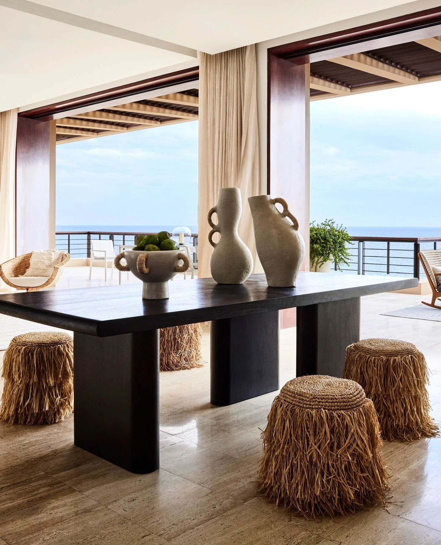 The most memorable interiors don't compete with their surroundings, they frame them.
In this Cabo home, the furnishings are intentionally restrained, allowing the architecture, natural materials, and ocean view to take center stage. Every element pla