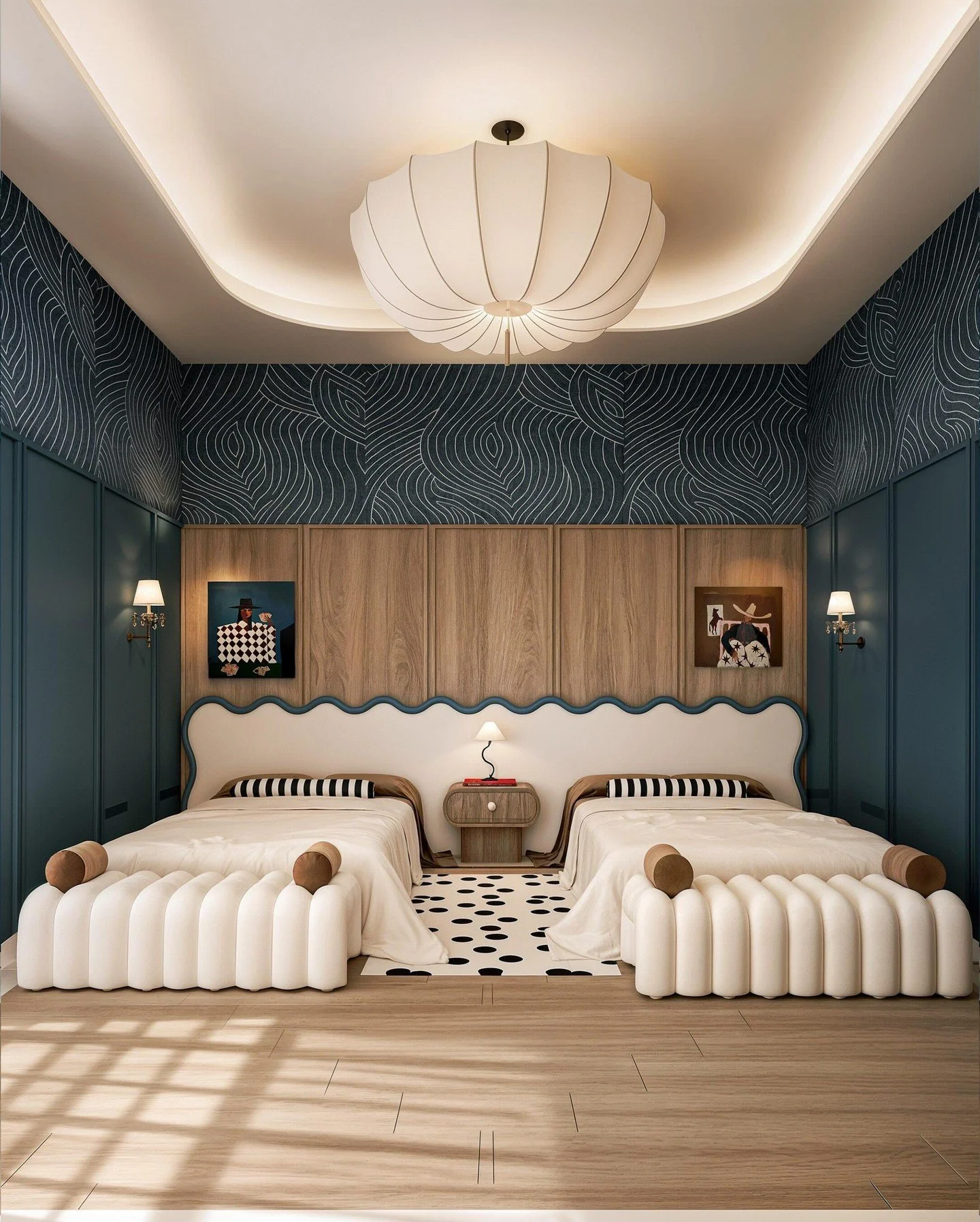 Guest bedrooms with two beds are a timeless design opportunity, and this space is one of our favorites. We love its playful spirit, tailored details, and rich layering of deep teal, warm wood tones, and sculptural forms. The repetition of color, mate