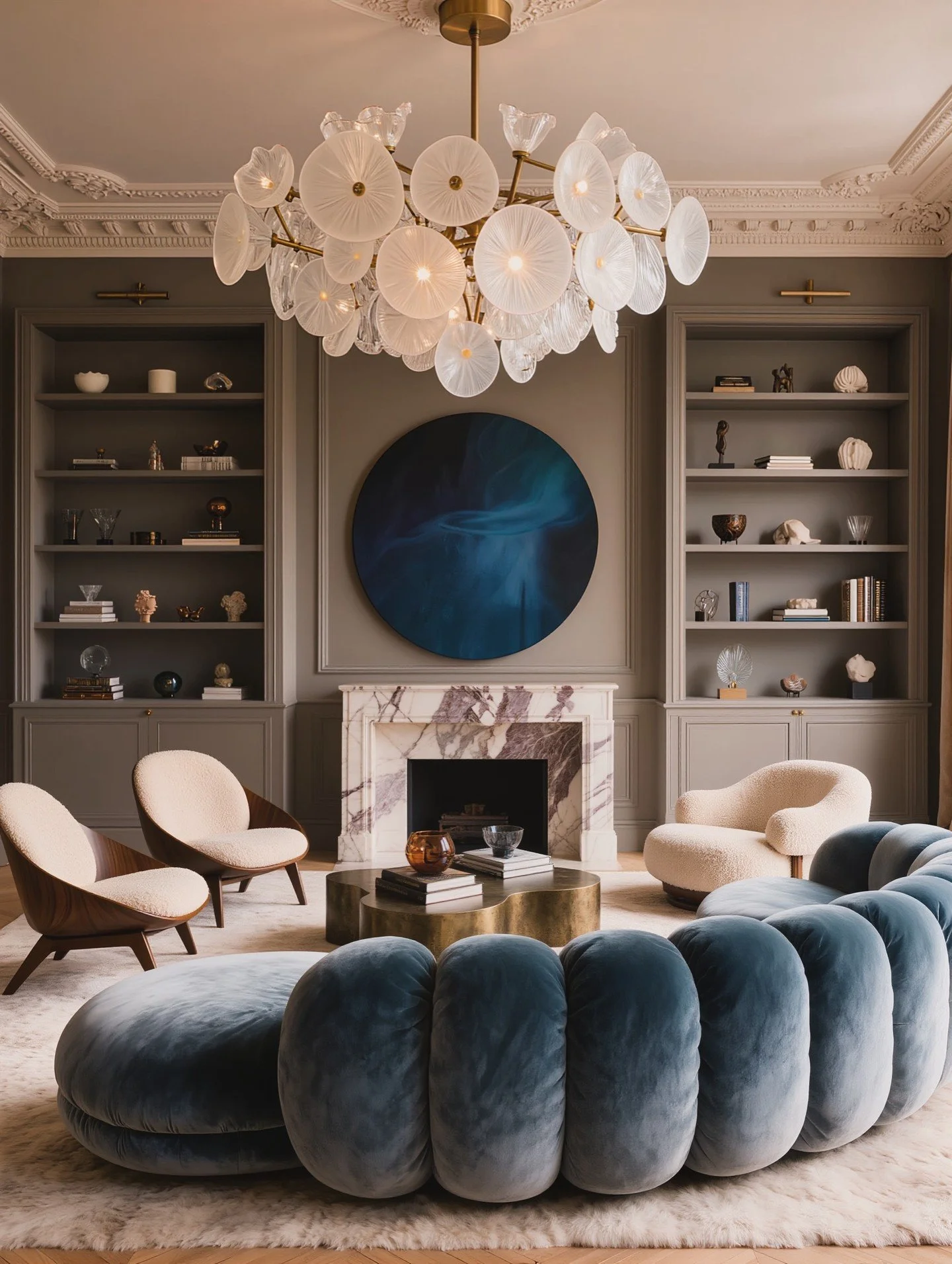 In the round... a curved sofa makes a bold statement, the wide channel tufting brings the drama. 📷 @naira_interior_official