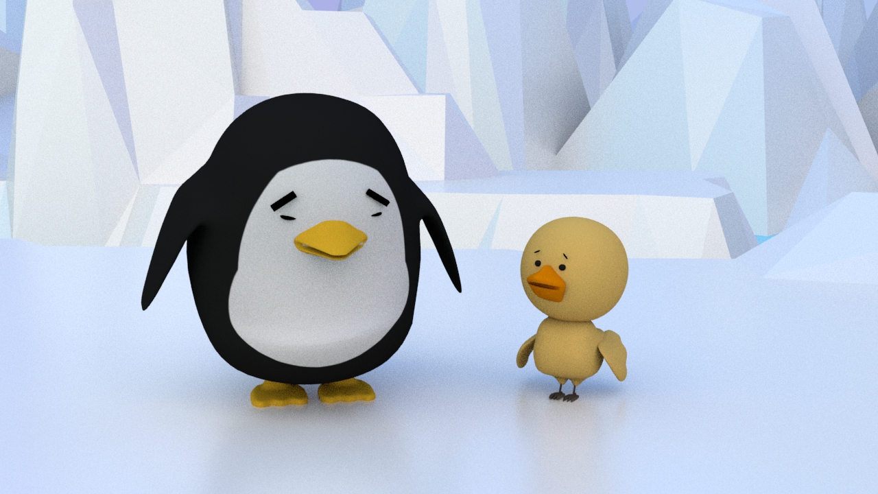 Bird character showing pity to sad penguin.