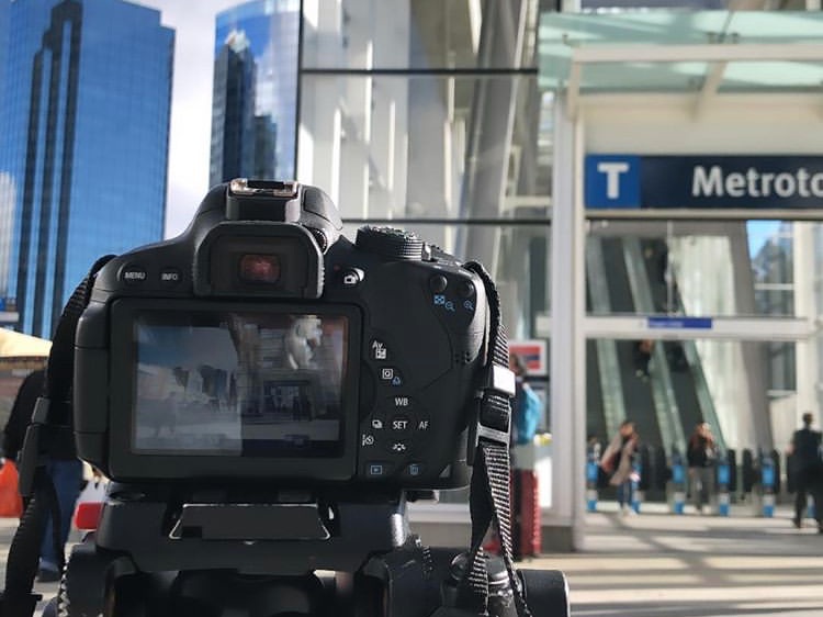 Production still of timelapse shot at Metrotown Skytrain Station.