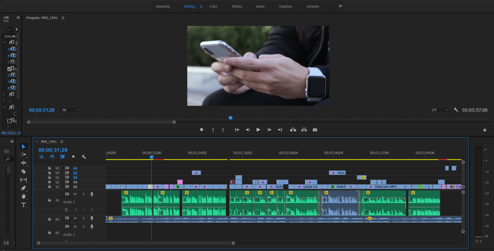 Screenshot of Adobe Premiere Pro workspace for the documentary.