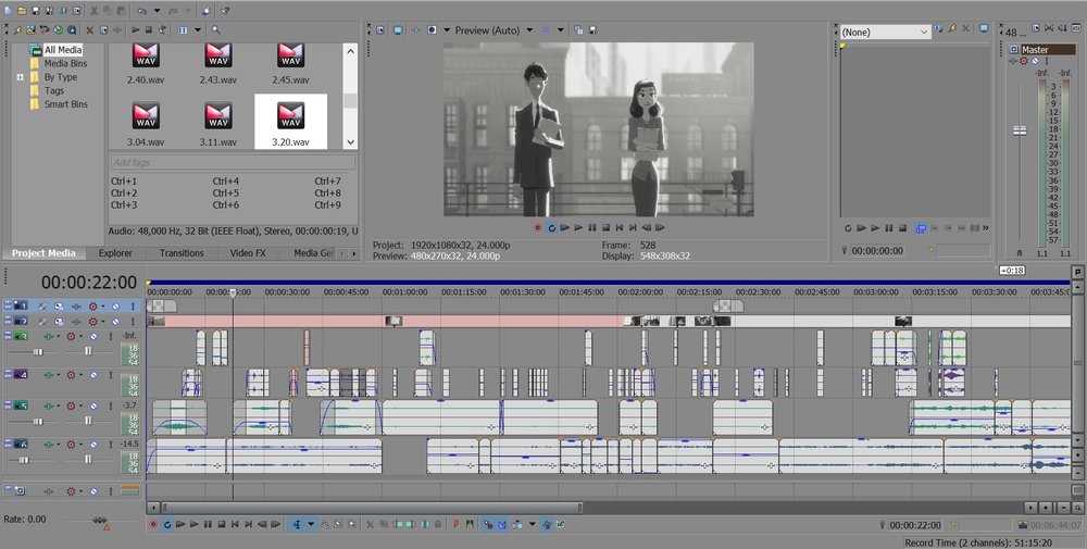 Workspace of sound design for sections of Paperman (2012).