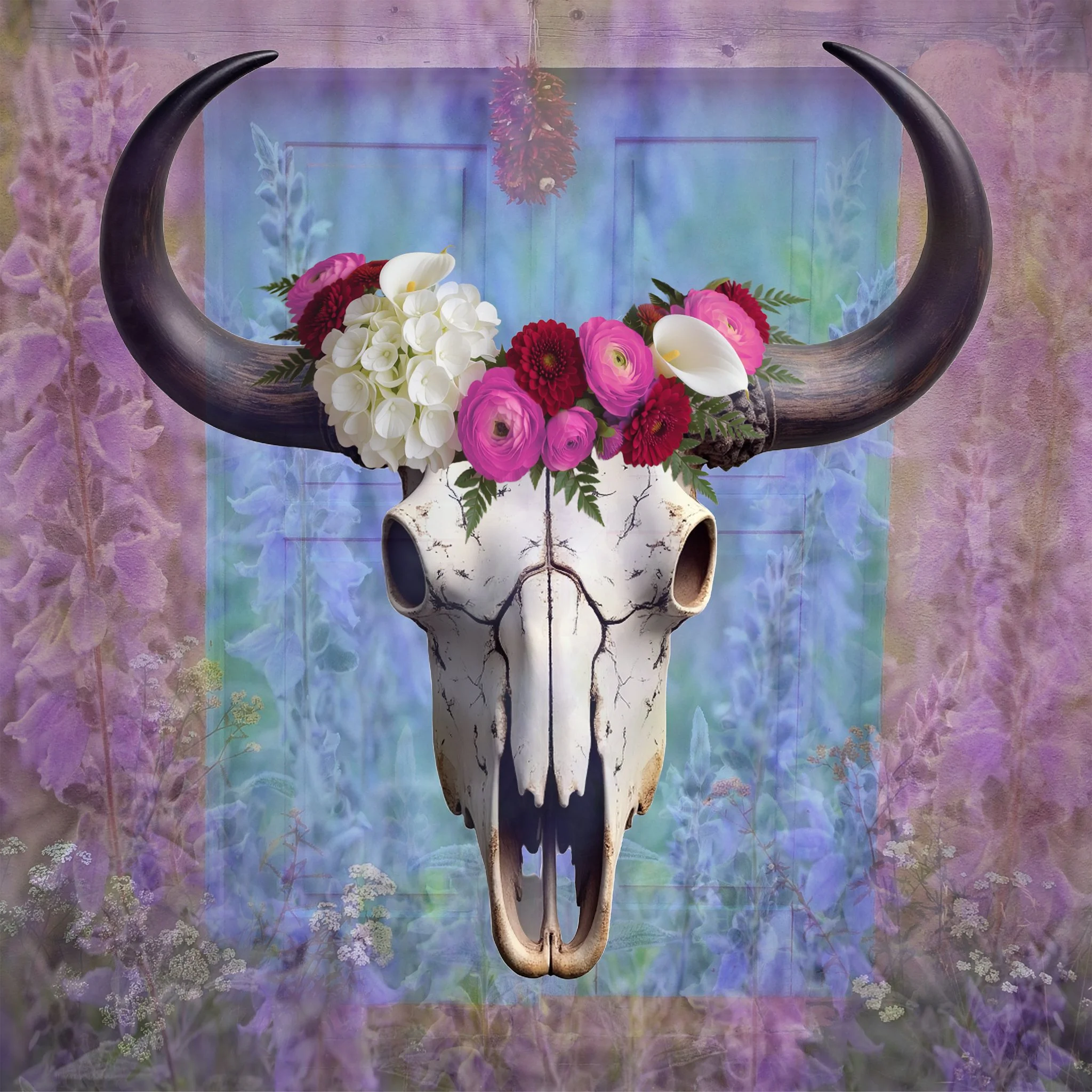 a photographic composite of a bison skull in flower crown, in front of a new mexican turquoise door and mexican sage.
