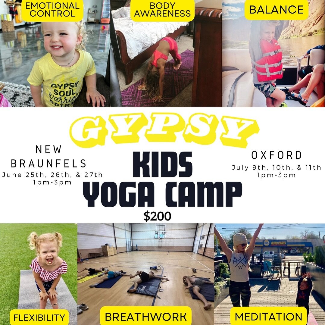 𝑲𝑰𝑫𝑺 𝒀𝑶𝑮𝑨 𝑪𝑨𝑴𝑷 𝒂𝒕 𝑮𝒀𝑷𝑺𝒀ミ★ 
Join us this summer for a powerful three day course focusing on breathwork, flexibility, and understanding your body. This event is focused on kids ages 8 to 15.💐💛
*If you have a child younger or older,