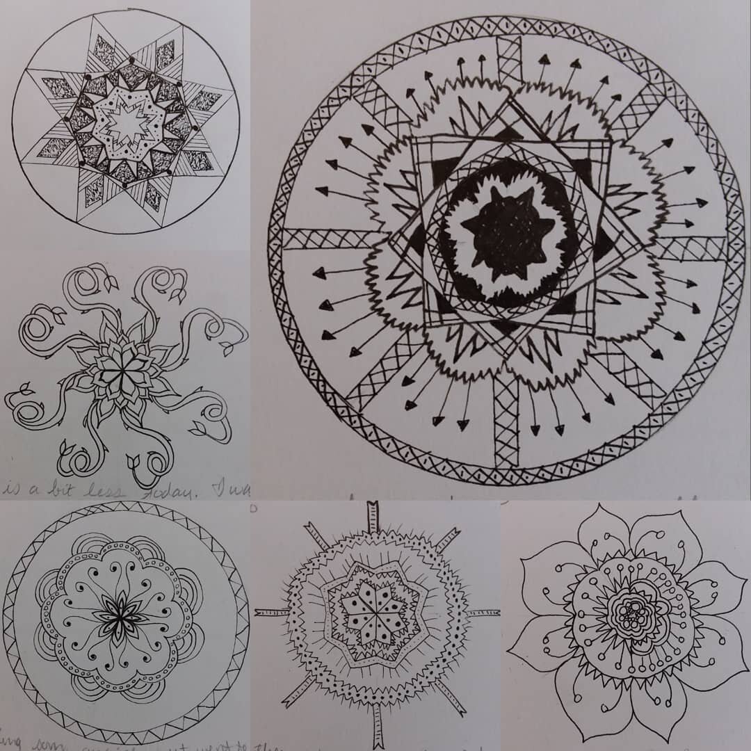 A mandala every day for the past week (pretty much) - can you tell which days I had less anxiety? #arttherapy #commit2cre8