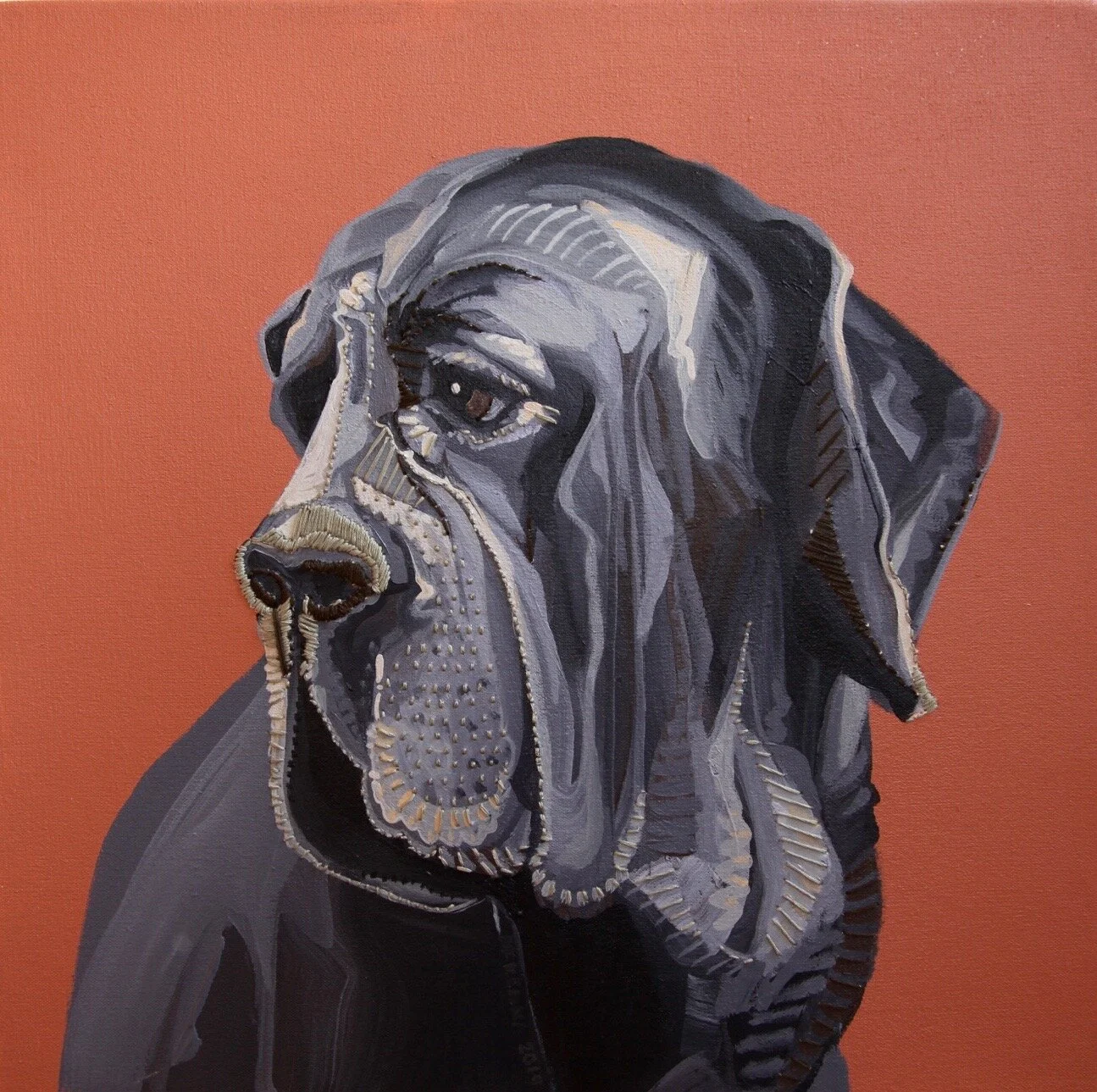 Bernard. acrylic and embroidery on canvas. 18” x 18”. 2019.