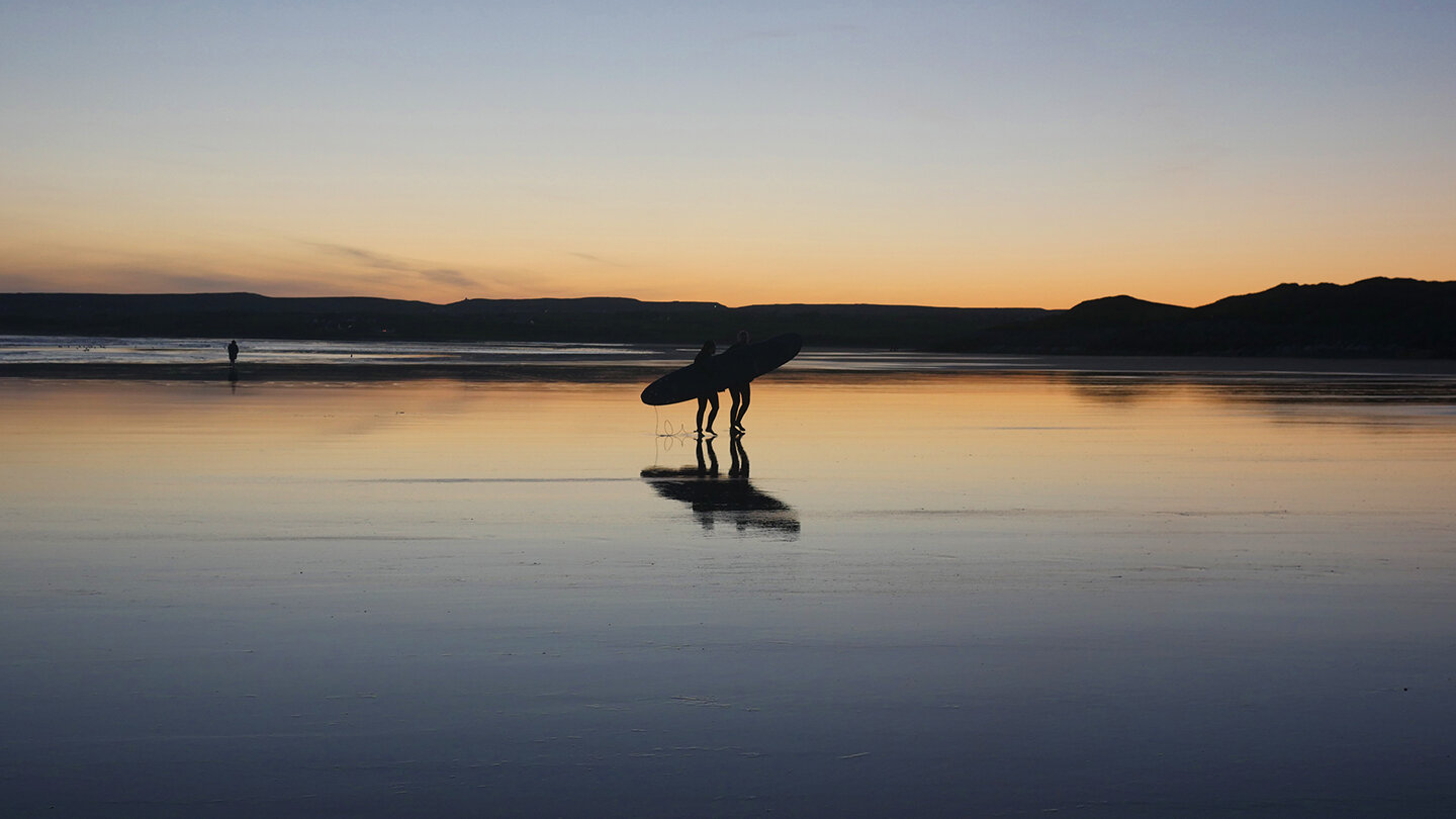 Ten o'clocks in the evening on the western edge, surfers.
