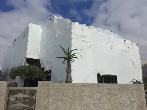 Building covered in white protective sheeting with plants and a concrete wall in the foreground