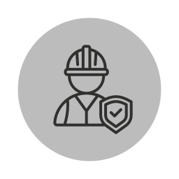 Icon of a construction worker wearing a hard hat and holding a shield with a checkmark.