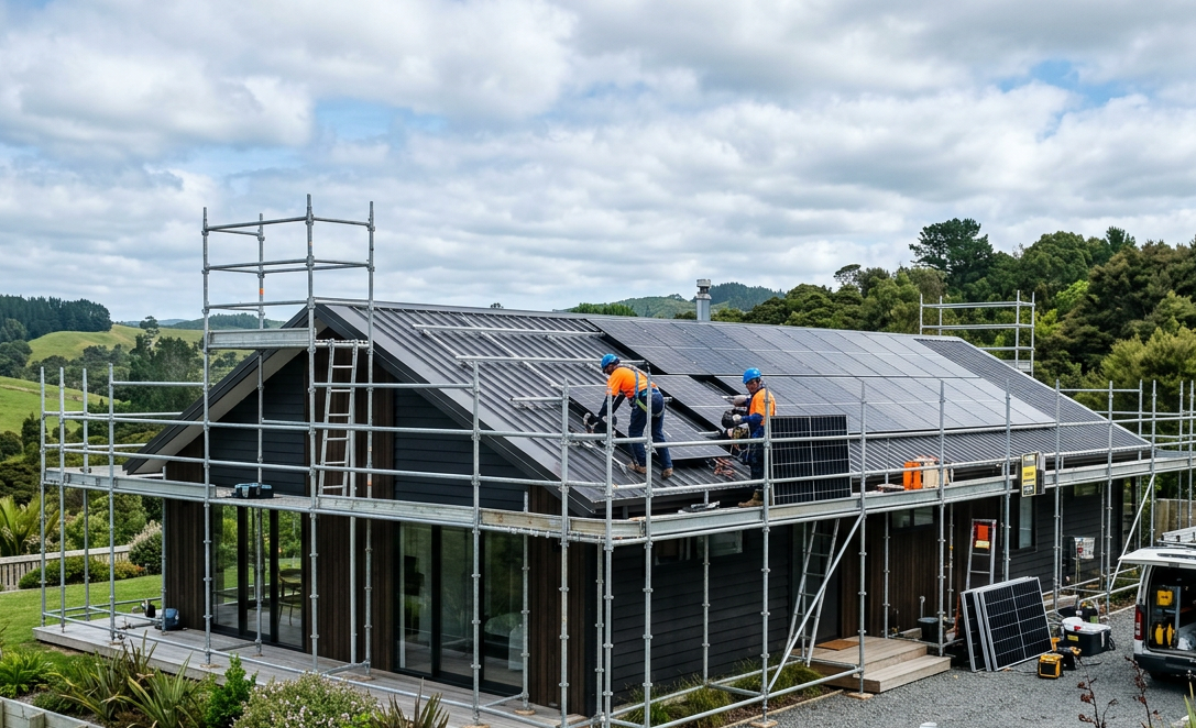 Workers installing solar panels on the roof of a modern house with scaffolding.