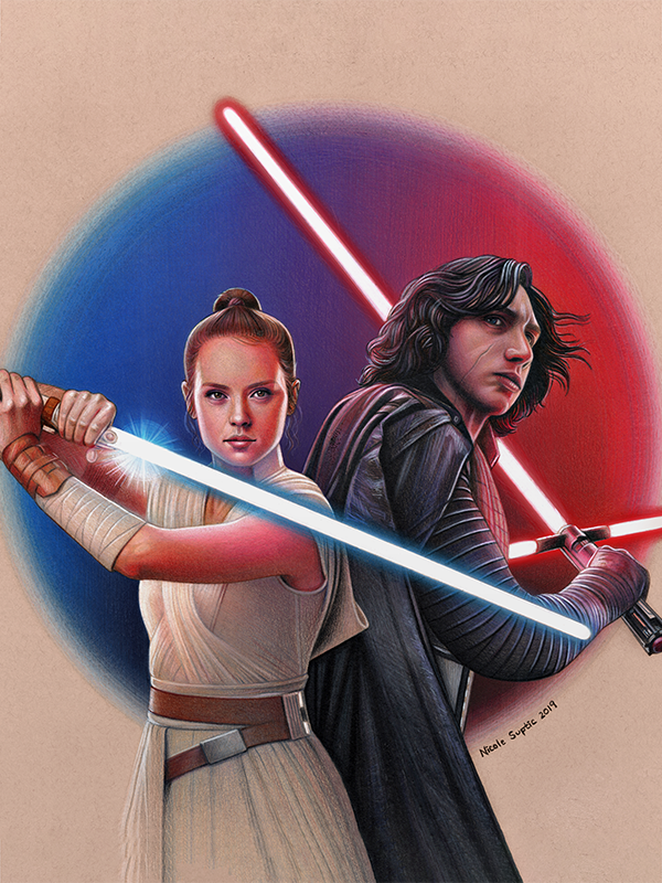 Drawing of Rey and Kylo Ren from Star Wars