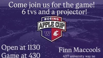 Come join us watch the Huskies beat the cougs! We will have sound and on the big projector with the 6 tvs! Good food,cold beer and good company!