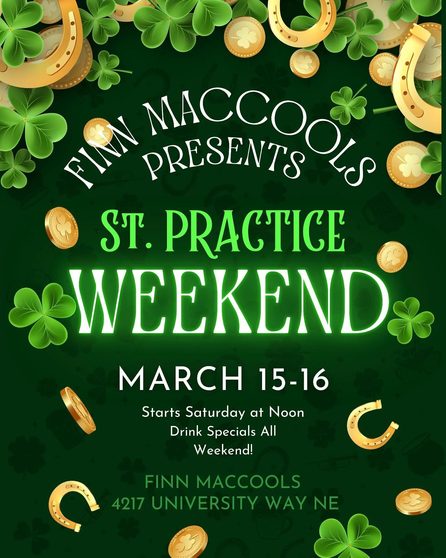 🍀 Get ready to kick off the St. Patrick&rsquo;s Day festivities early! 🌈 Join us for St. Practice Weekend next Saturday &amp; Sunday starting at noon! 🍻✨

Stay tuned for exclusive specials&hellip;Let&rsquo;s get the party started! 🍀💚🍻 #StPracti