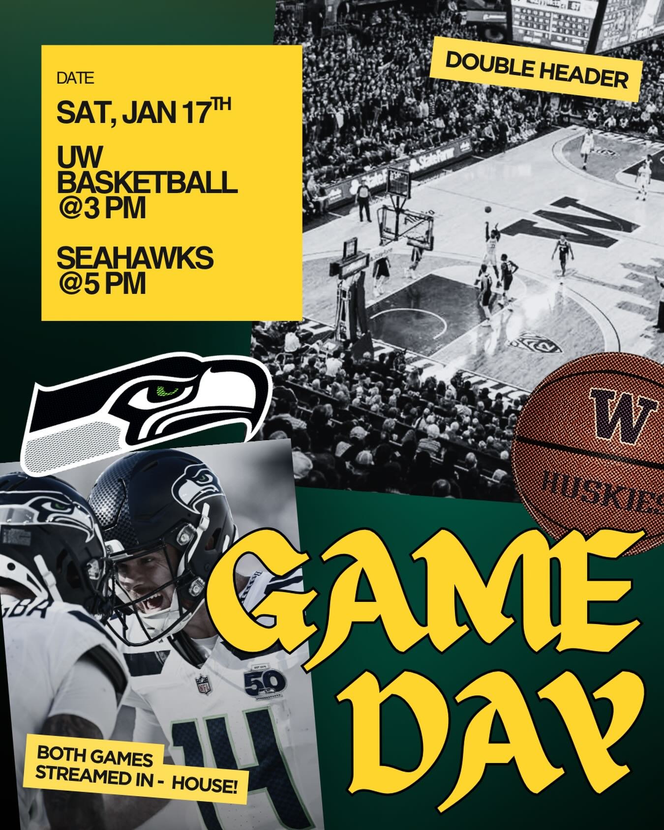 It's game time! Join us THIS Saturday Jan 17th for a DOUBLE HEADER🏀🏈

Pre-game the 3pm UW men&rsquo;s basketball vs MI State game, then stream Seahawks vs 49ers at 5pm live here at PUB at the DUB 🍻