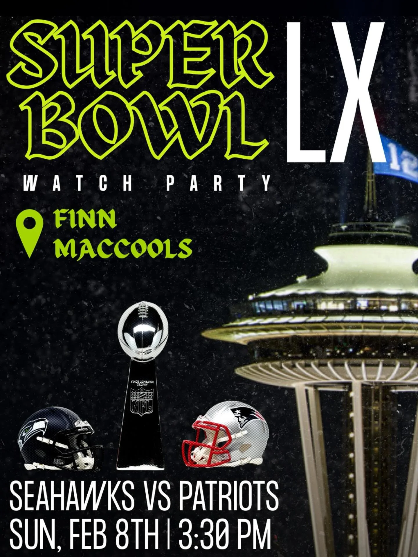 TWO DAYS UNTIL THE SUPER BOWL!!🏈💫 
Join us here at FINNS for our Super Bowl Watch Party!! Enjoy our game day specials 🍻and live streaming on our 7 flat screen TV&rsquo;s &amp; projector 🖥️ 

HAWKS FOR THE WIN!!💚💙
#superbowlsunday #gohawks #seat
