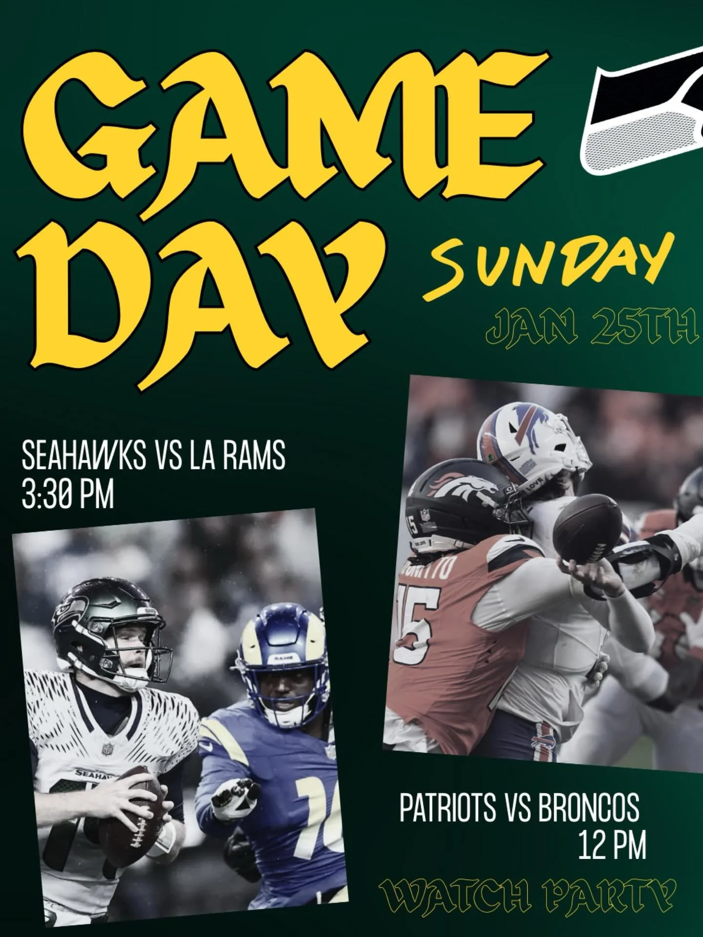 NFC AND AFC CHAMPIONSHIP GAMES TOMORROW ‼️ Join us for the @patriots vs @broncos at 12pm, and cheer on the @seahawks at 3:45pm! 

CHECK OUT THE SECOND SLIDE FOR OUR GAME DAY SPECIALS‼️