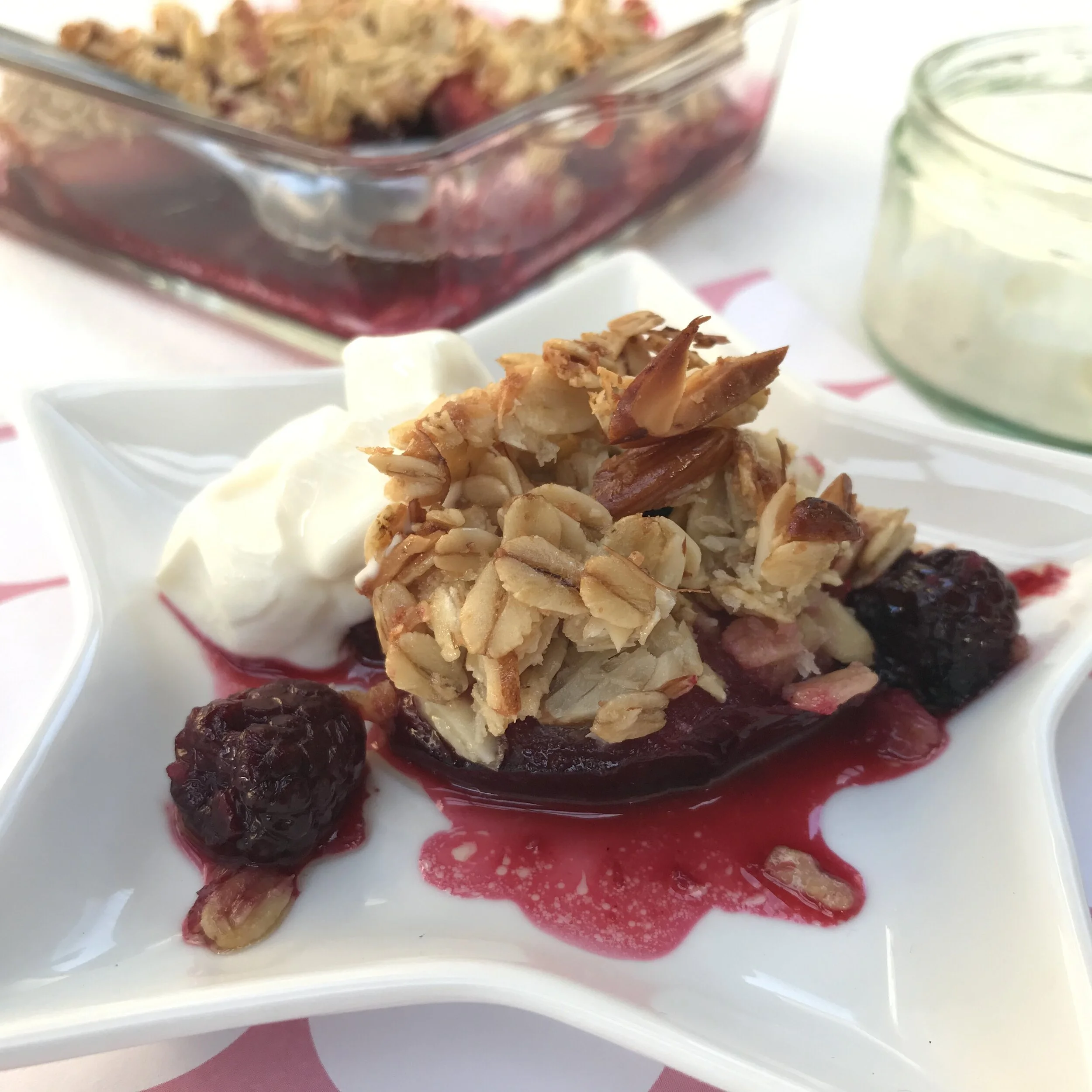Baked Plums &amp; Boysenberries w/ Crispy Oat, Coconut &amp; Almond Topping