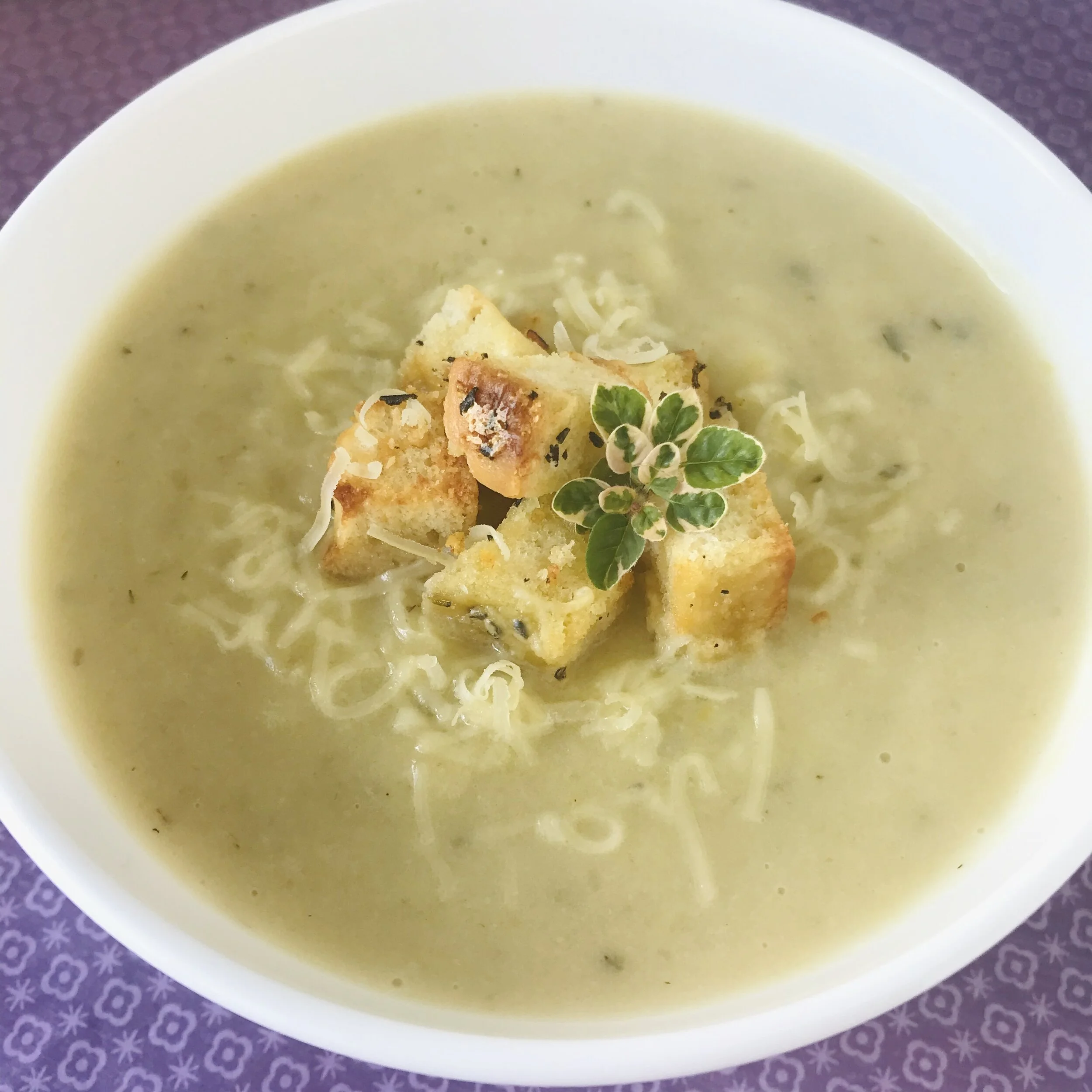 Serve  Leek &amp; Potato Soup  with grated Parmesan and croutons