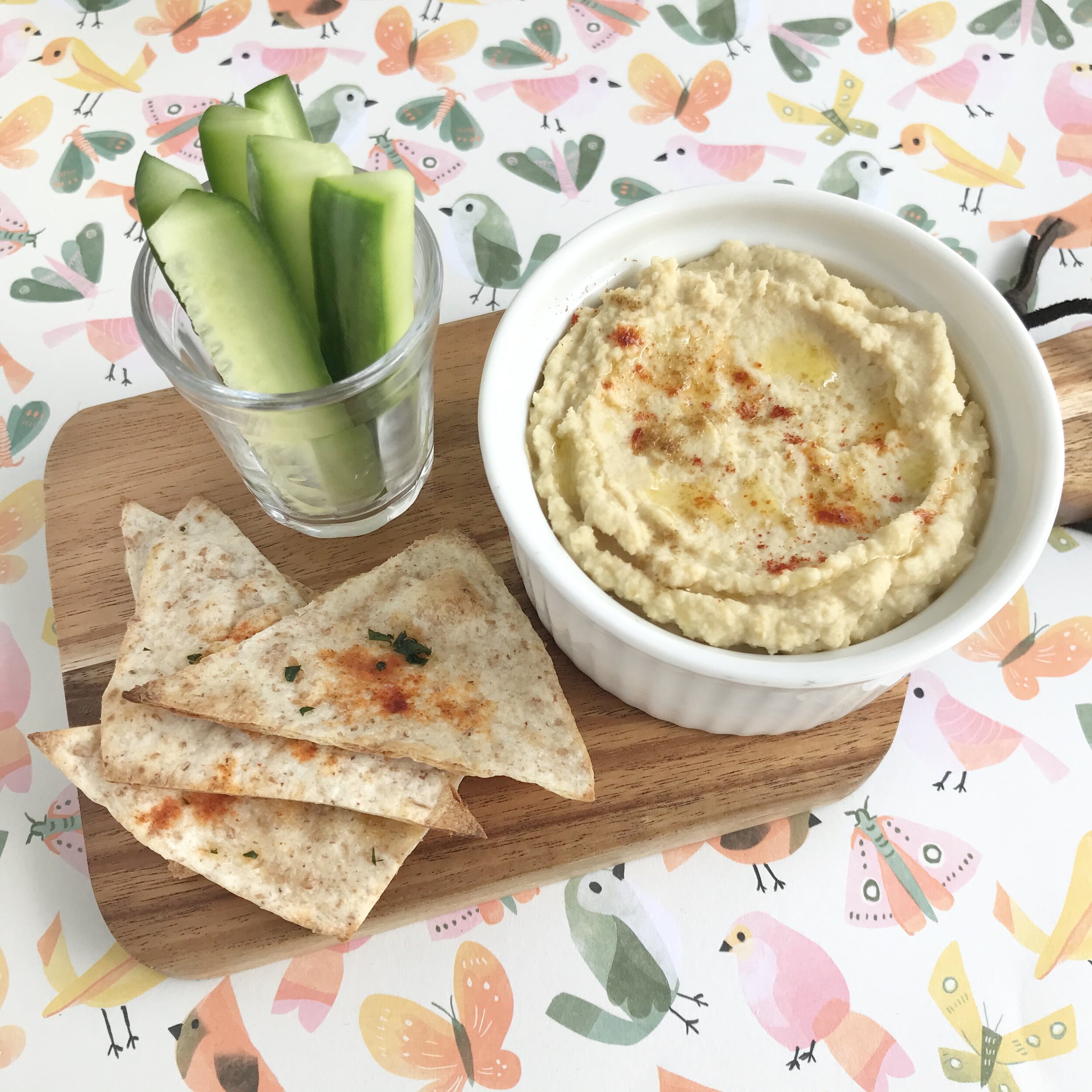 Serving suggestion: Homemade Hummus w/ Cucumber Sticks &amp;    Homemade Tortilla Crisps
