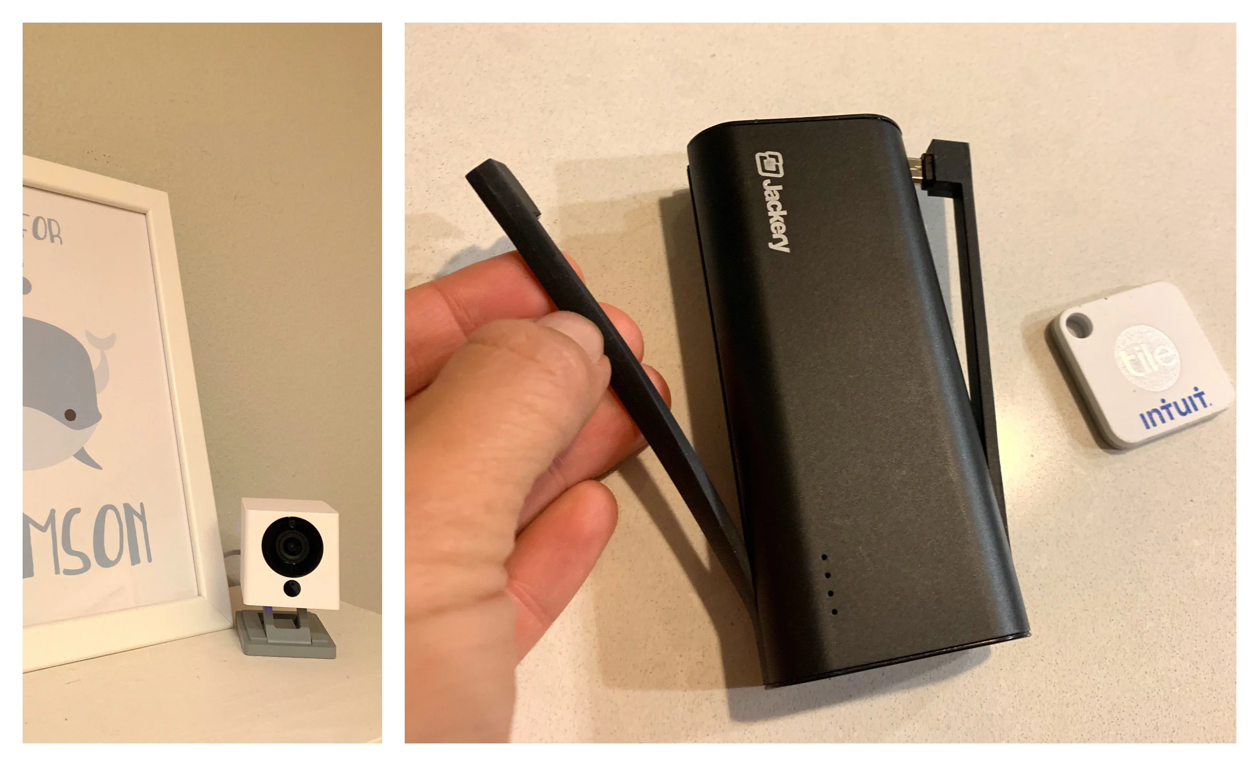 Left to Right: Wyzecam ($20), Jackery Bolt Power Bank ($40) and Tile Mate ($20)